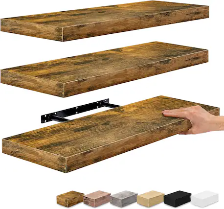 Front. Sorbus - Set of 3 (24"x9") Sorbus Floating Shelves with Invisible Brackets - for Bedroom, Kitchen Decor, Bathroom Shelves - Brown.