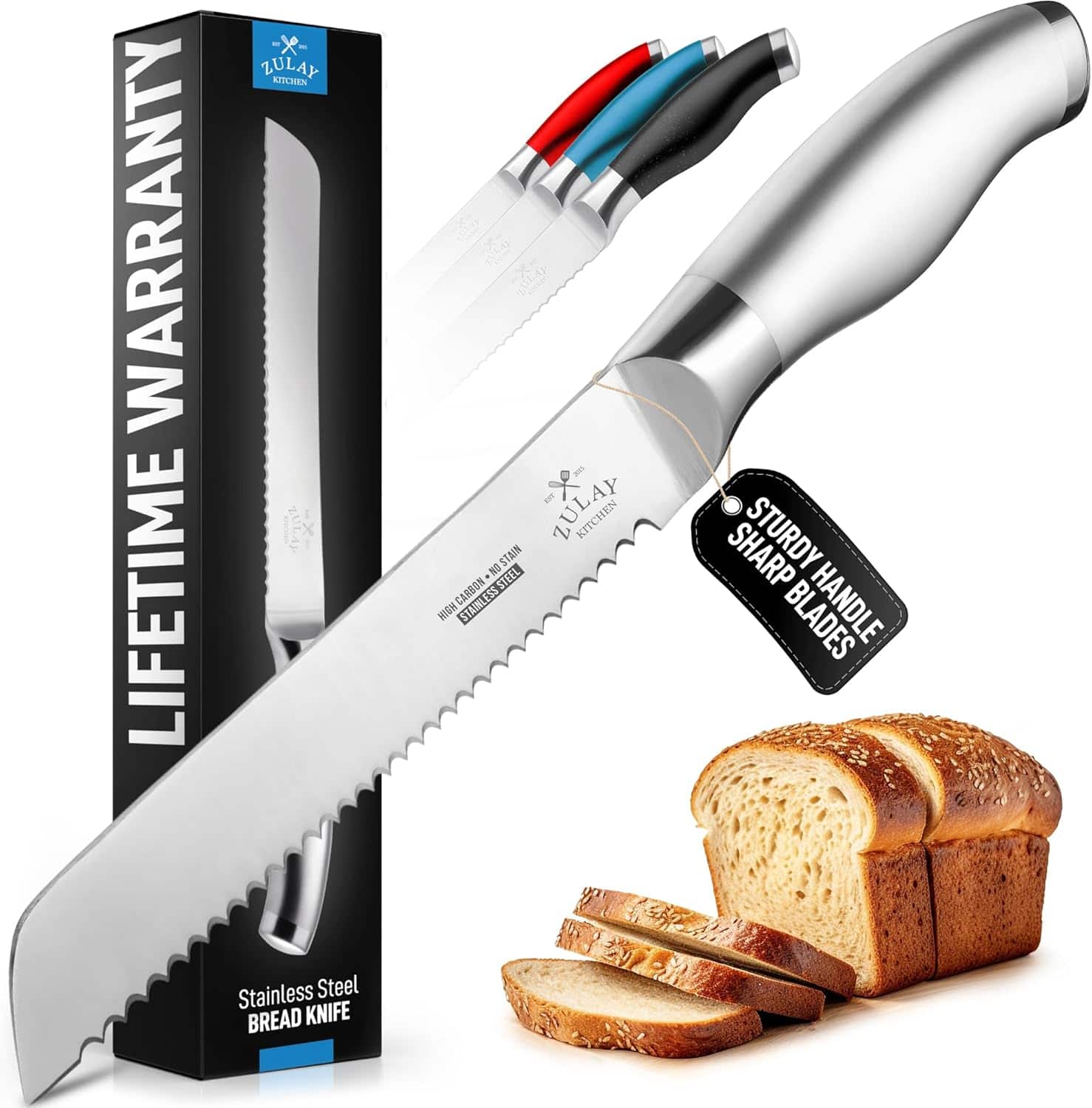LIFETIME WARRANTY

ZULAY KITCHEN

Stainless Steel BREAD KNIFE

STURDY HANDLE
SHARP BLADES

ZULAY KITCHEN