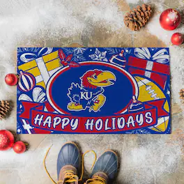 Evergreen Enterprises - Kansas Jayhawks 28" x 16" Happy Holidays Christmas Turf Door Mat - Multicolor
