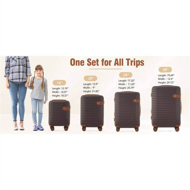 One Set for All Trips

16"
Length: 13.19"
Width: 8.07"
Height: 18.31"

20"
Length: 13.9"
Width: 9"
Height: 21.85"

24"
Length: 17.32"
Width: 11.02"
Height: 25.79"

28"
Length: 19.69"
Width: 12.4"
Height: 29.72"