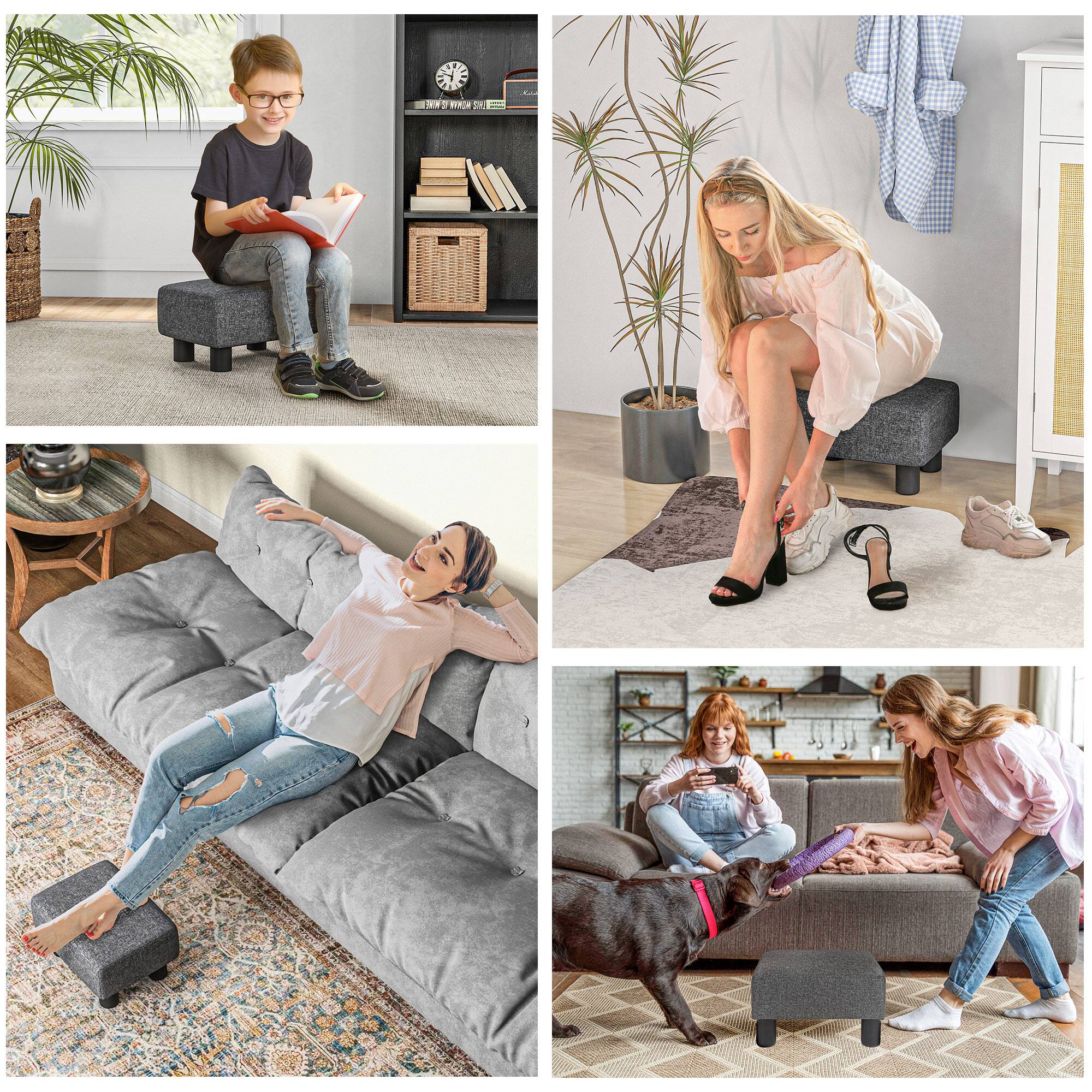 Alt View 5. Homcom - Ottoman Foot Rest, Small Foot Stool with Linen Fabric Upholstery and Plastic Legs, Cube Ottoman for Living Room - Charcoal Gray.