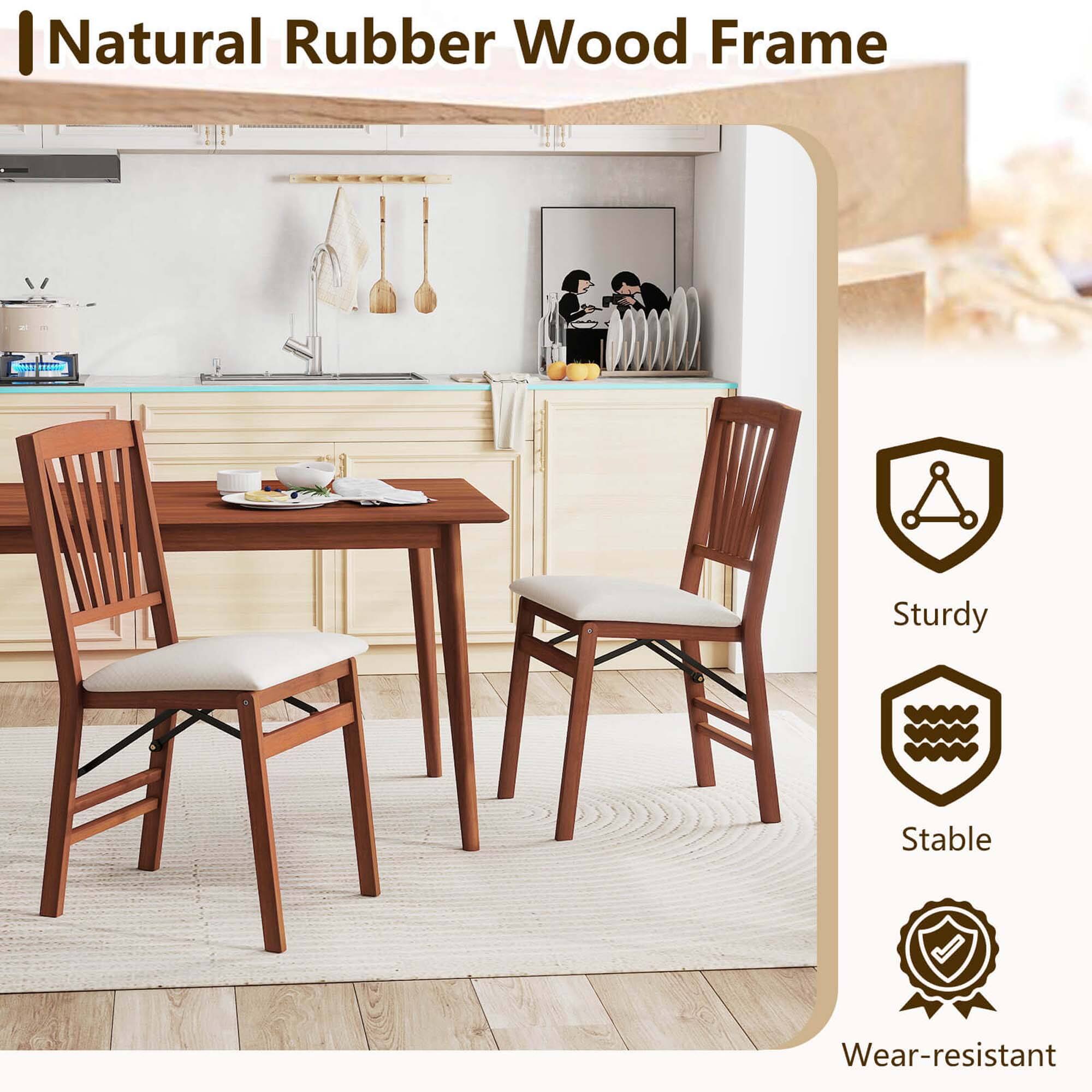 The text on the image reads: "I Natural Rubber Wood Frame Sturdy Stable Wear-resistant."