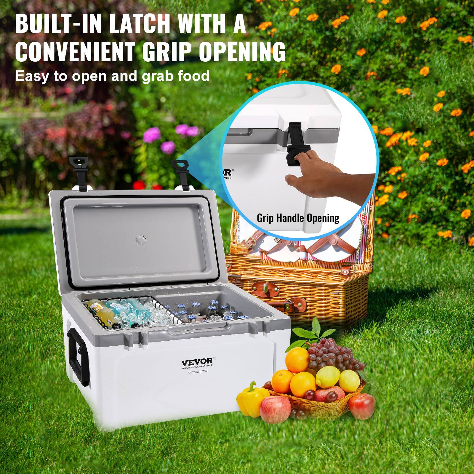 BUILT-IN LATCH WITH A CONVENIENT GRIP OPENING  
Easy to open and grab food  

Grip Handle Opening  

VEVOR