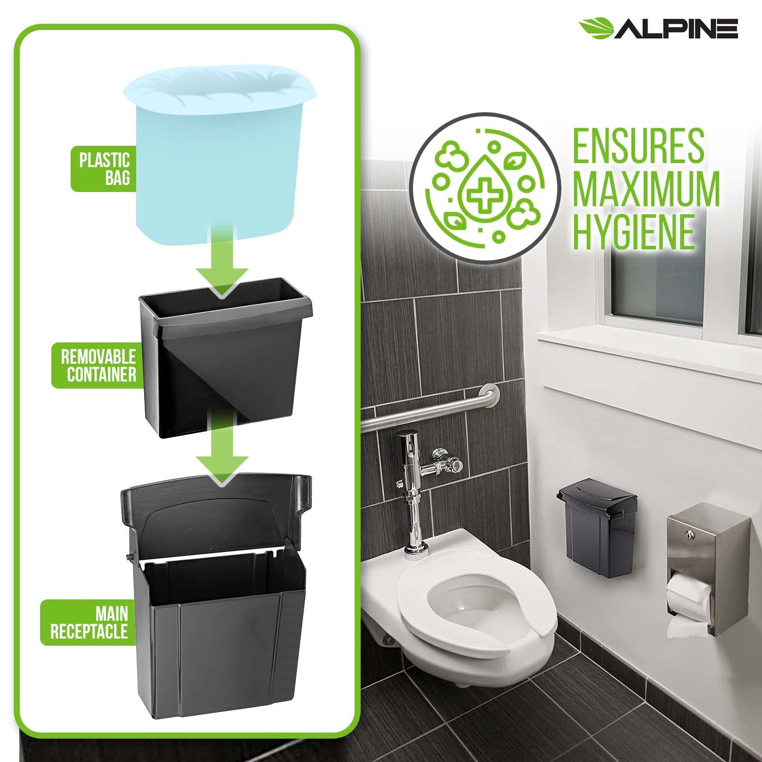 The text in the image can be grouped and corrected as follows:

- **Alpine Plastic Bag**
- Ensures Maximum Hygiene
- Removable Container
- Main Receptacle

This text highlights the features of a waste bin system designed for hygiene.