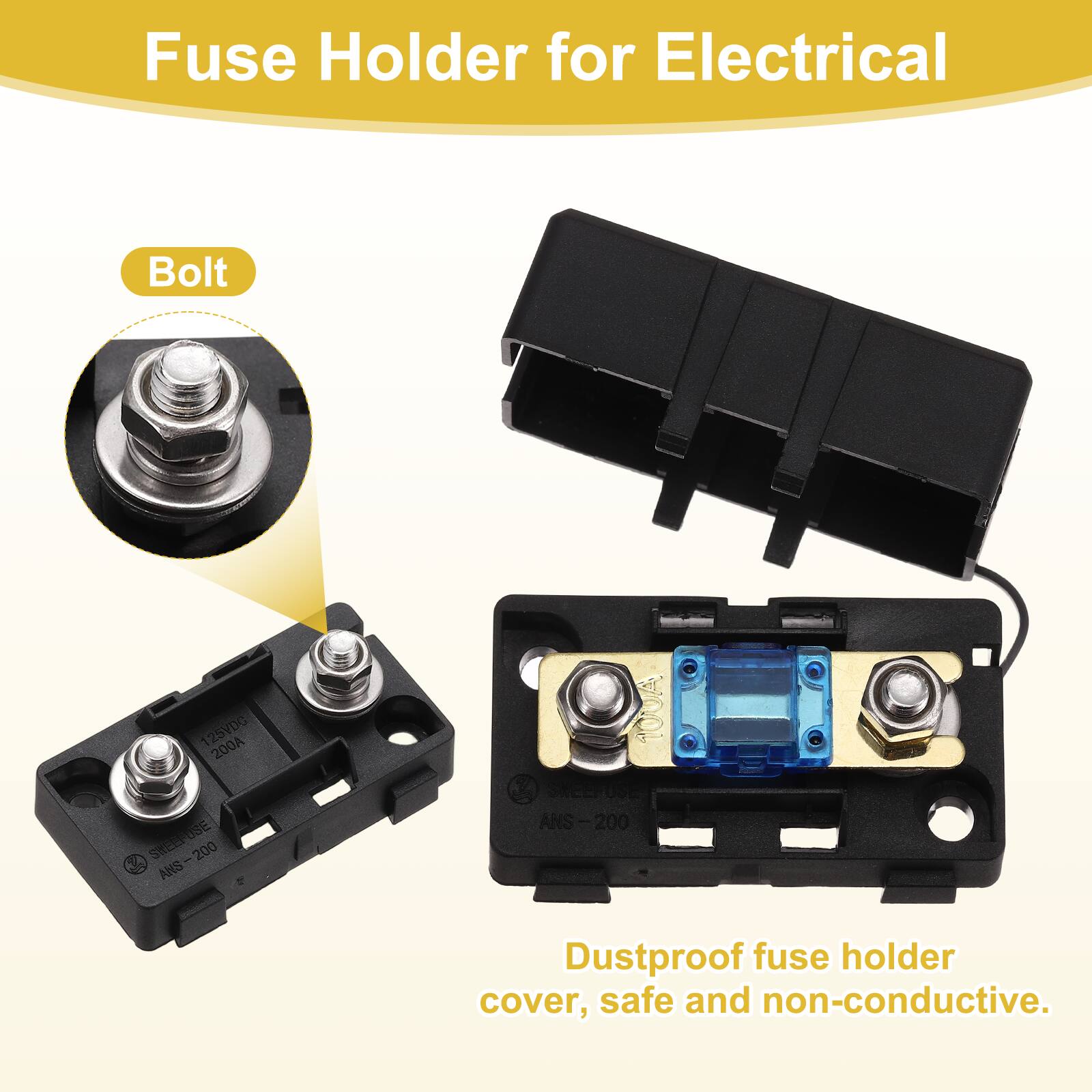 Fuse Holder for Electrical Bolt 125VDC 200A SKEEPOS ANS-200 200A SKEEPOS ANS-200 Dustproof fuse holder cover, safe and non-conductive.