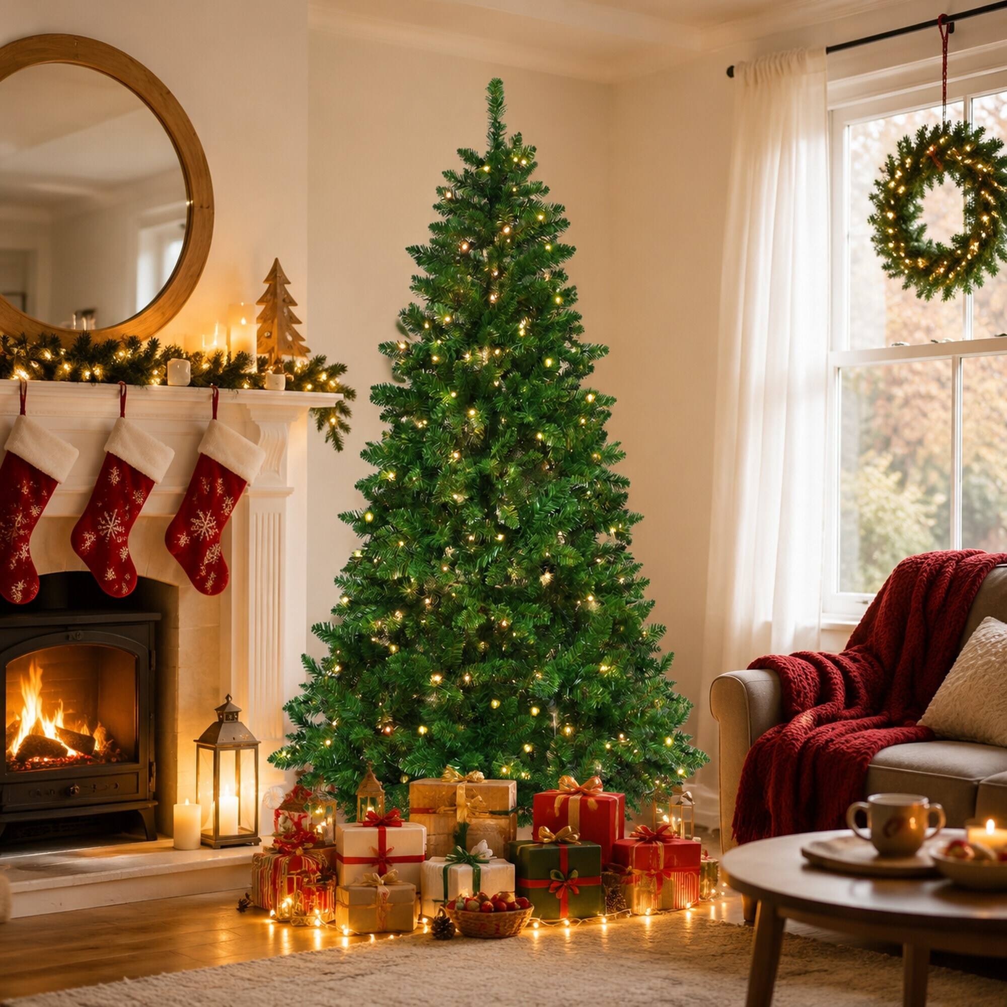 Angle. RYHNUYNE - 9FT Smart RGB Christmas Tree, 620 WiFi-Controlled LED Lights 38 Modes Music Sync 1721 PVC Tips Hinged Metal Stand - Green.