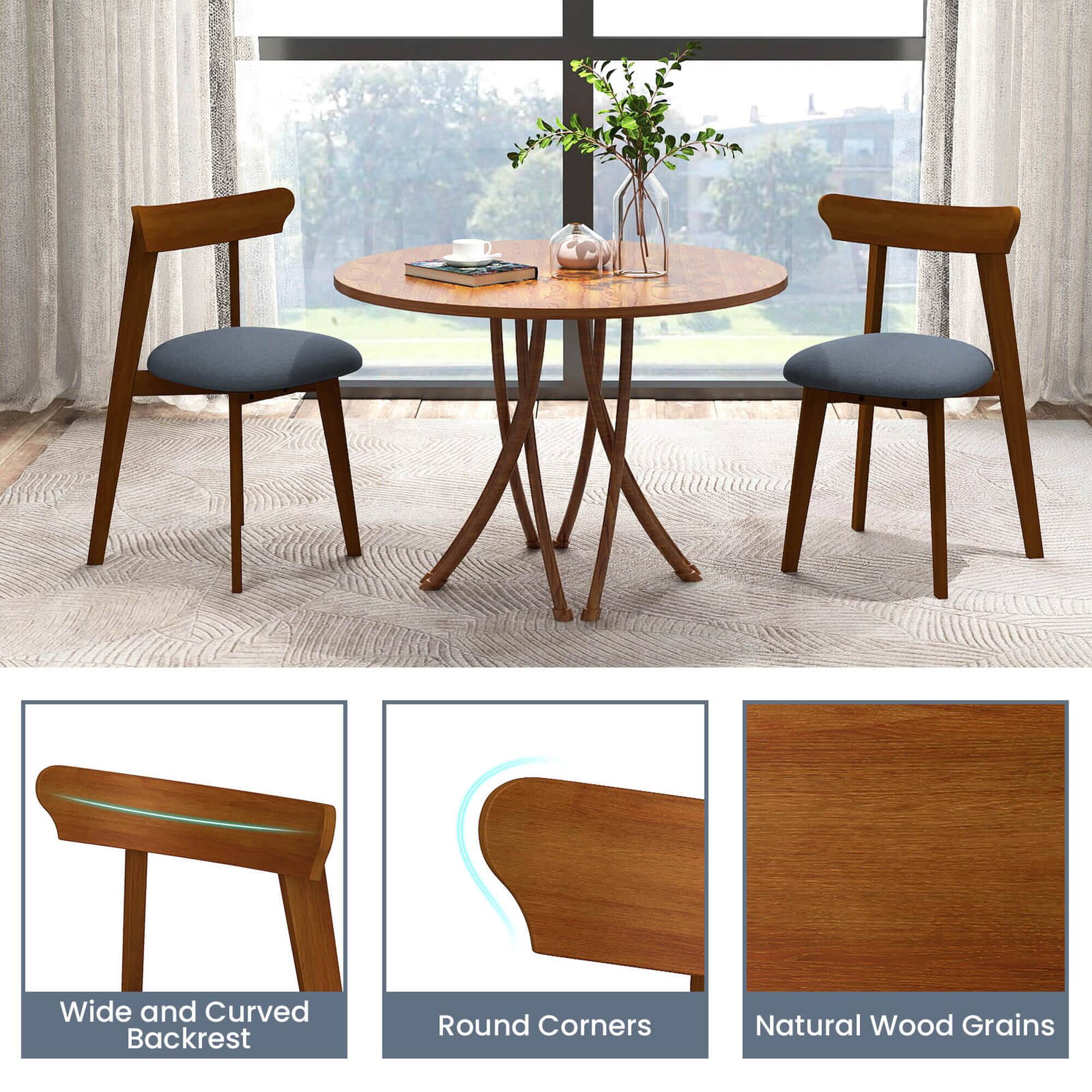 The text on the image is grouped as follows:
1. Wide and Curved Backrest: This refers to the backrest of the chair, which is designed to provide comfort and support to the user.
2. Round Corners: This refers to the rounded edges of the chair, which add a touch of elegance and sophistication to its design.
3. Natural Wood Grains: This refers to the use of natural wood as a material for the chair, which adds warmth and a sense of connection to nature to the space.