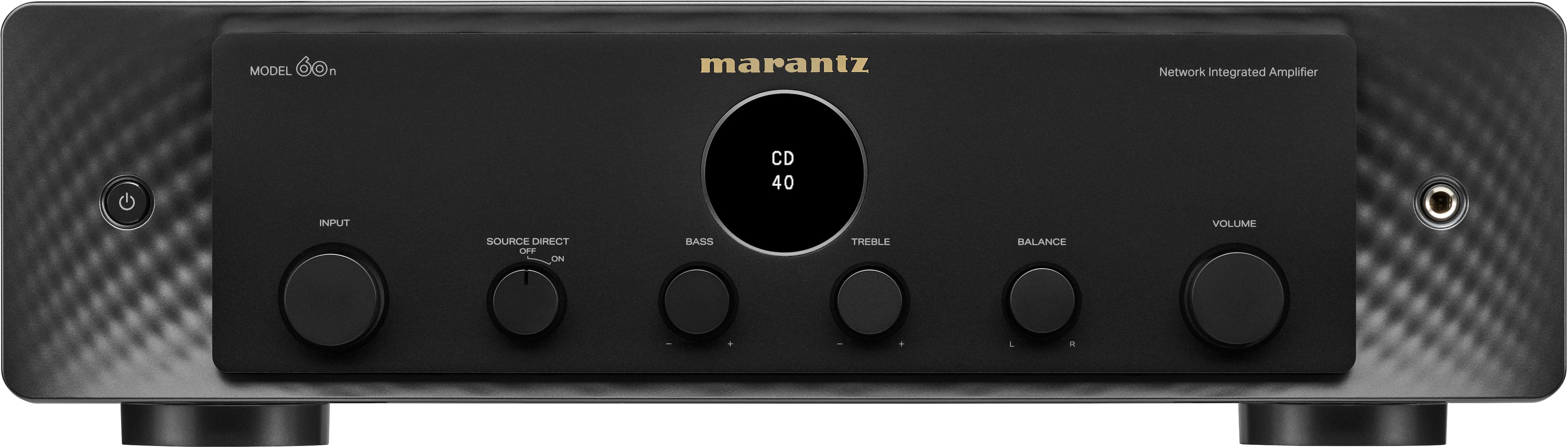 The text on the image reads: "Model: marantz Network Integrated Amplifier CD 40 INPUT VOLUME SOURCE DIRECT OFF CABASS TREBLE BALANCE."
