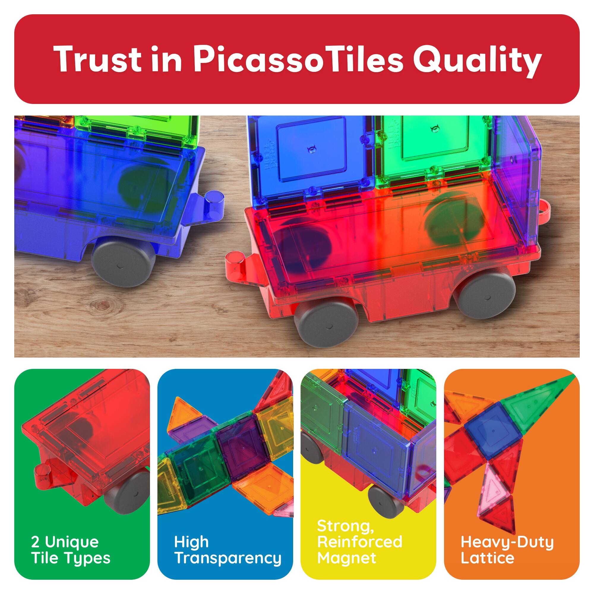 Trust in PicassoTiles Quality

- 2 Unique Tile Types
- High Transparency
- Strong, Reinforced Magnet
- Heavy-Duty Lattice