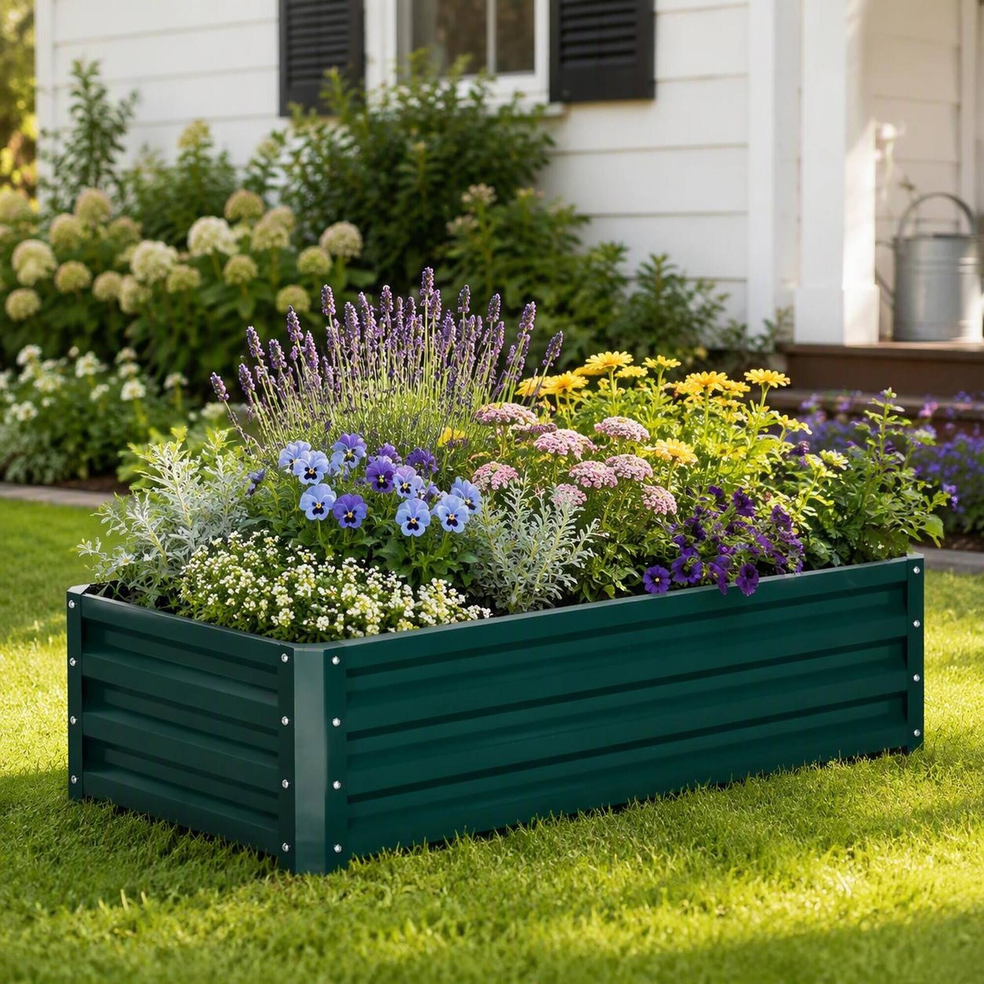 Angle. RYHNUYNE - Outsunny 4x2x1 ft Galvanized Steel Raised Garden Bed Planter Box for Vegetables Flowers Herbs, Green Outdoor Metal - Green.
