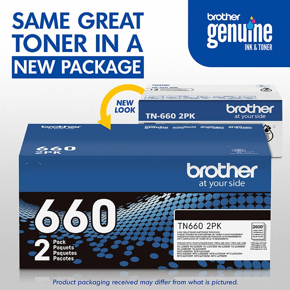 SAME GREAT TONER IN A NEW PACKAGE  
brother genuine INK & TONER  
NEW LOOK  
TN-660 2PK  
brother at your side  

660  
2 Pack  
Paquets  
Paquetes  
Pacotes  

TN660 2PK  
2600  

Product packaging received may differ from what is pictured.