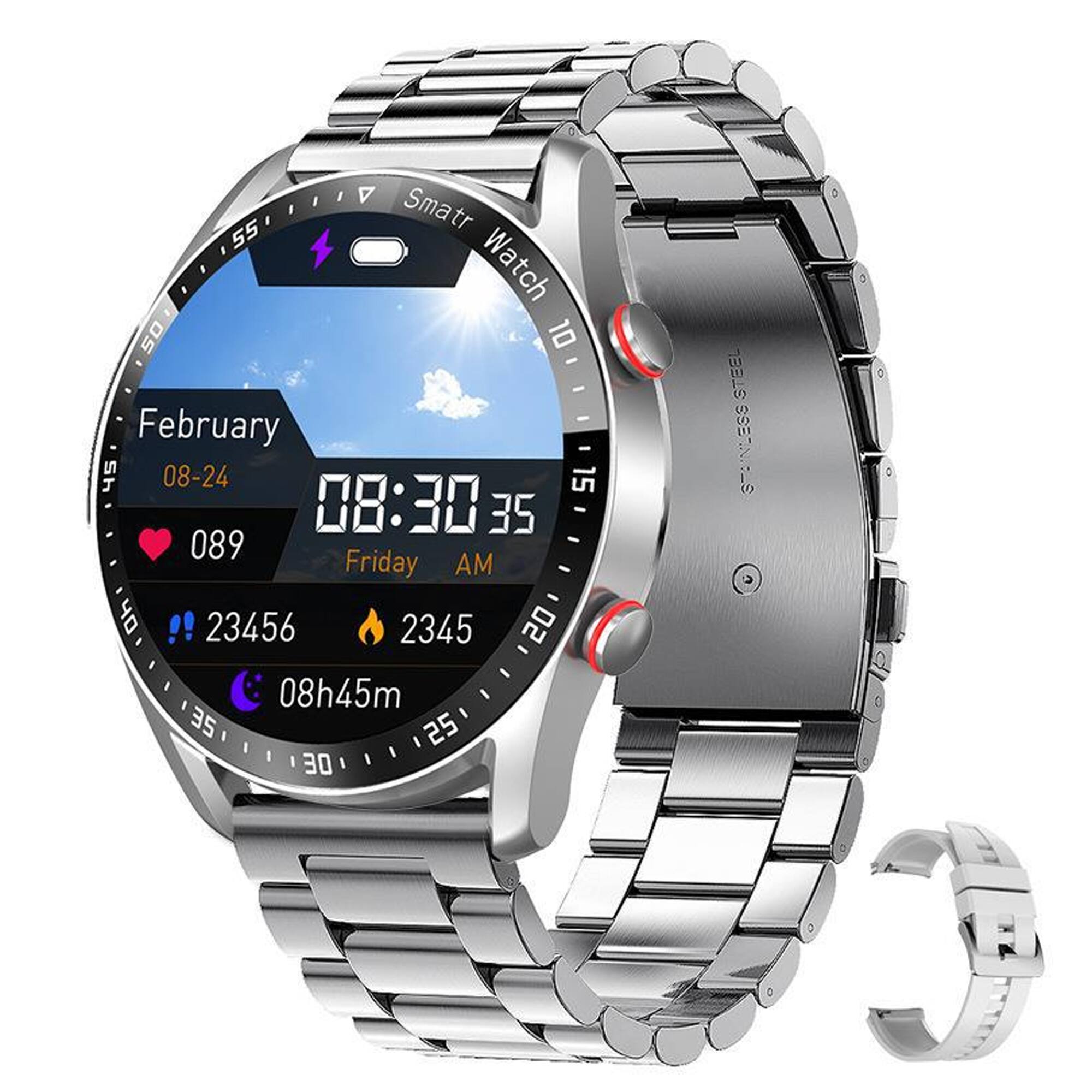 Smartr Watch

February 08-24

08:30 AM

Friday

089

23456

2345

08h45m

STEEL NLESS ST