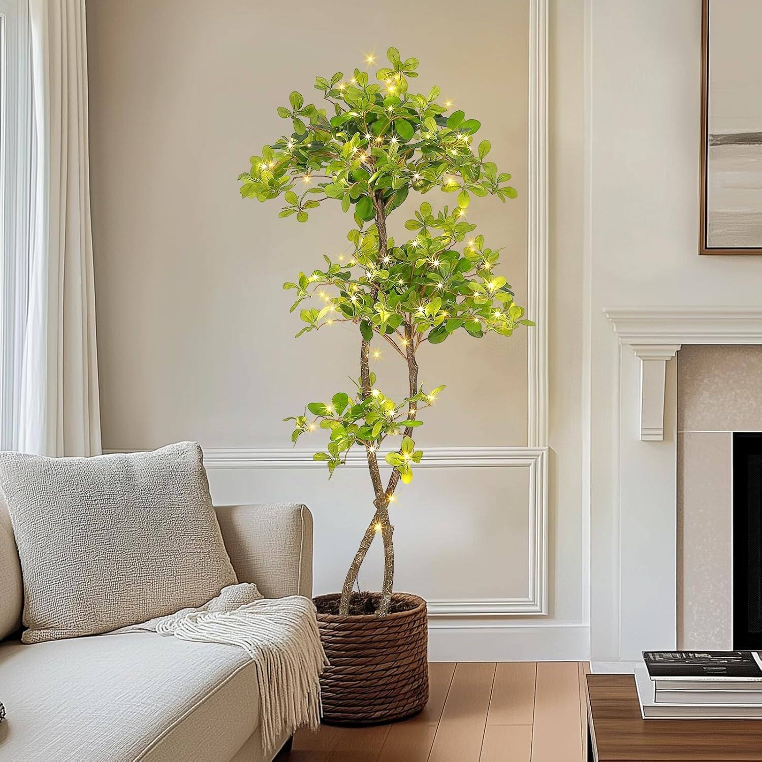 Front. Homhougo - 6FT Artificial Olive Tree with LED Lights – 800 Realistic Leaves & Handcrafted Trunk – Fake Indoor Tree for Home, - Green With Light.