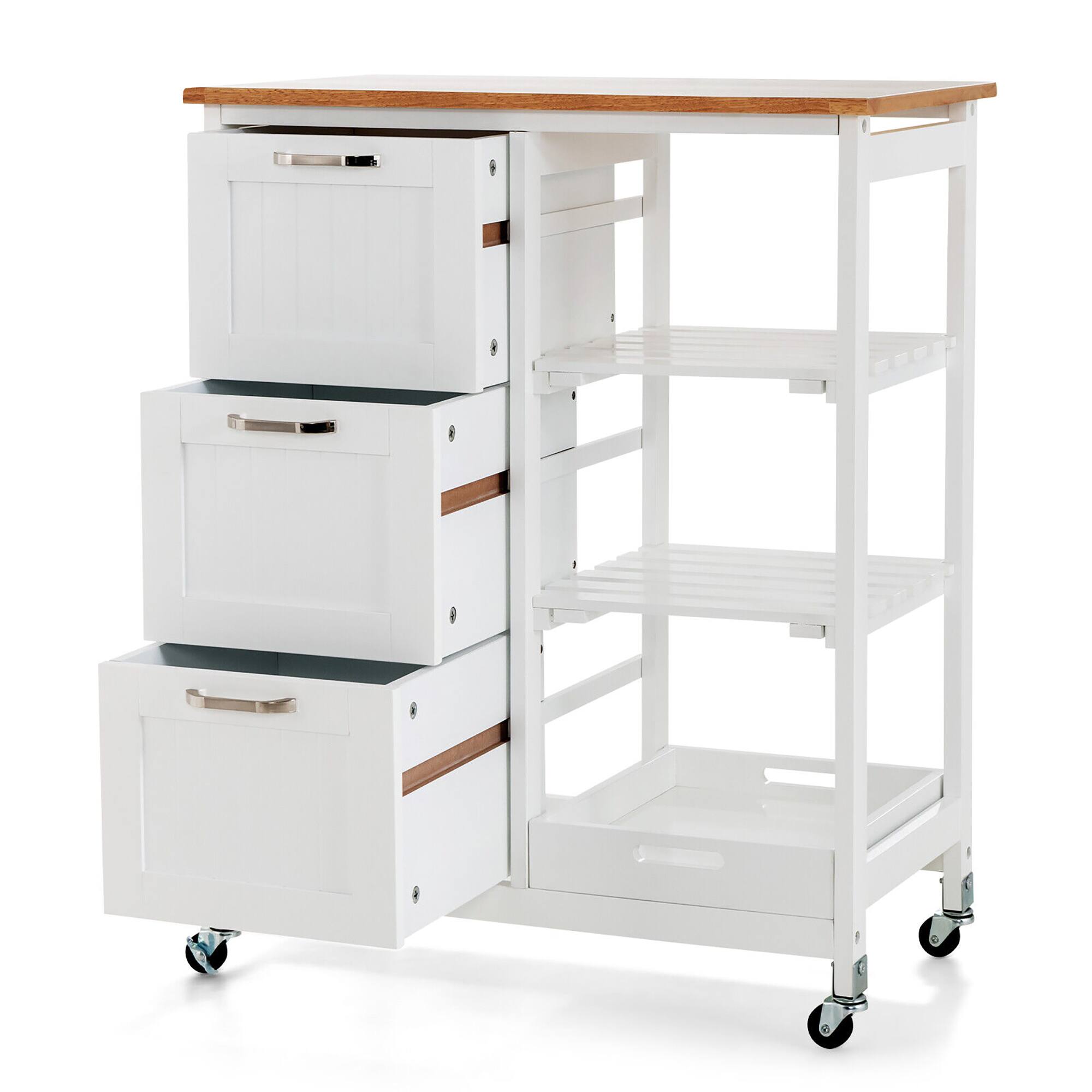 Alt View 9. Gymax - Gymax Rolling Kitchen Island Utility Storage Cart w/ 3 Storage Drawers & Shelves White - White.