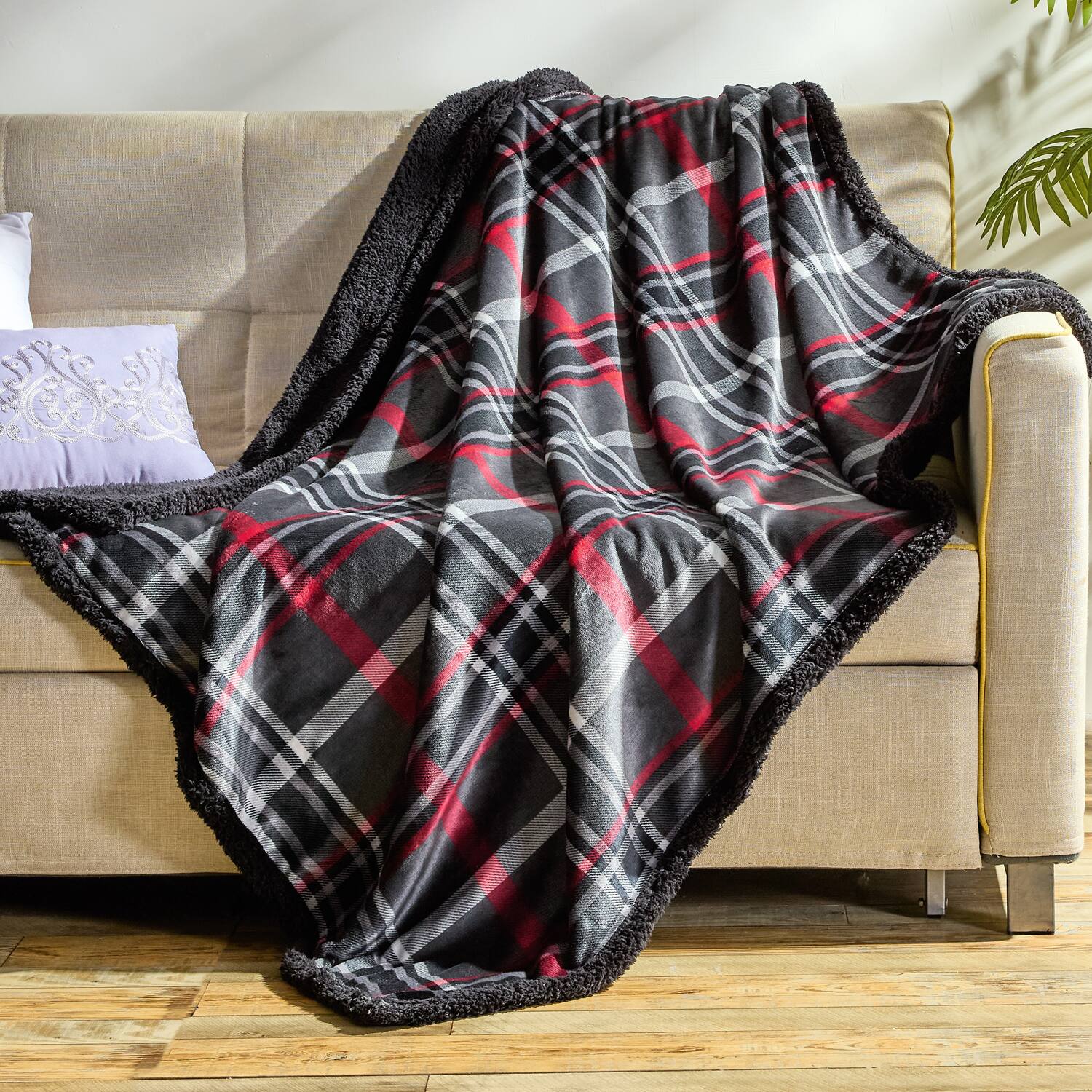 Angle. Plazatex - Plazatex Midnight Plaid 100% Polyester Reversible Throw Blanket 50" x 60" Red Black - Red - Black.