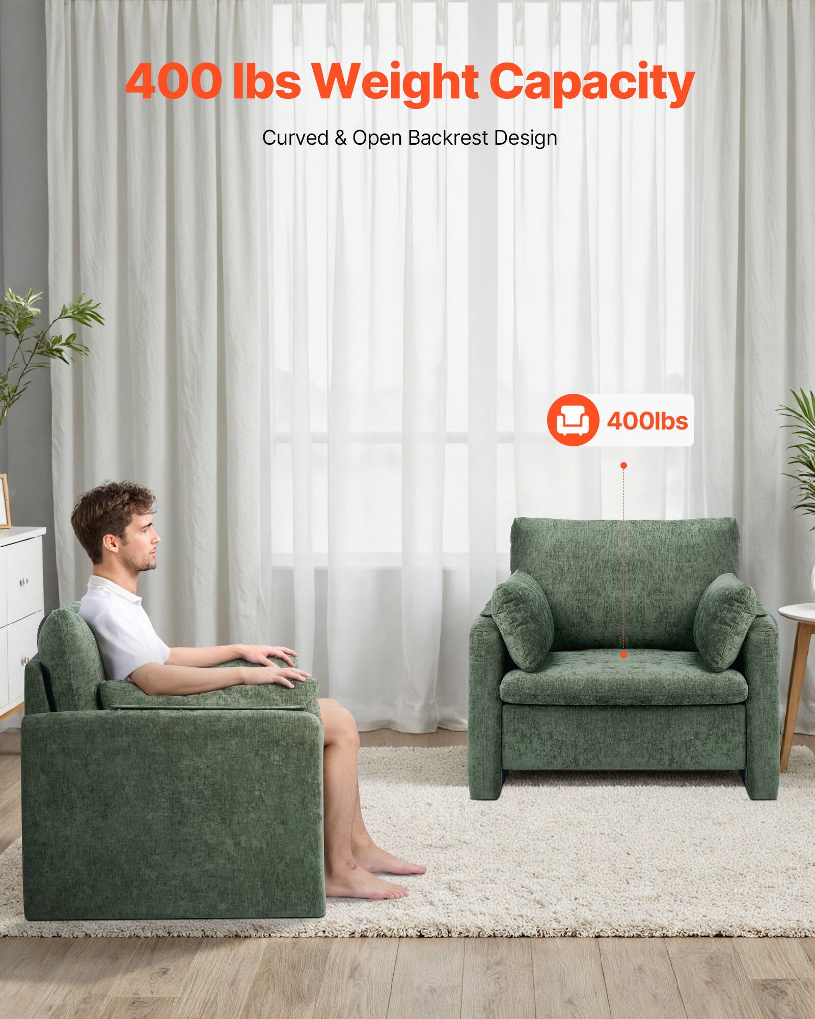 400 lbs Weight Capacity  
Curved & Open Backrest Design  

400lbs