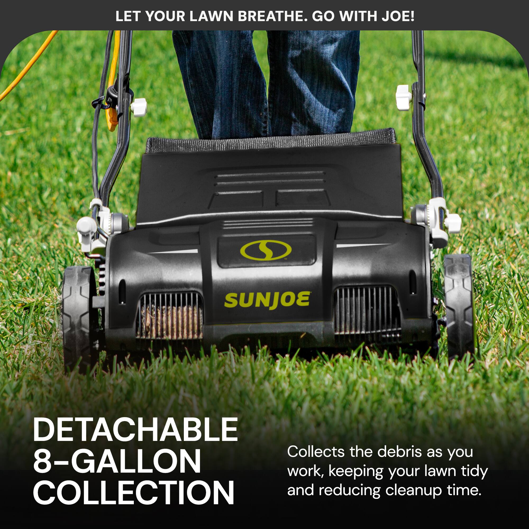 LET YOUR LAWN BREATHE. GO WITH JOE!

DETACHABLE 8-GALLON COLLECTION

Collects the debris as you work, keeping your lawn tidy and reducing cleanup time.