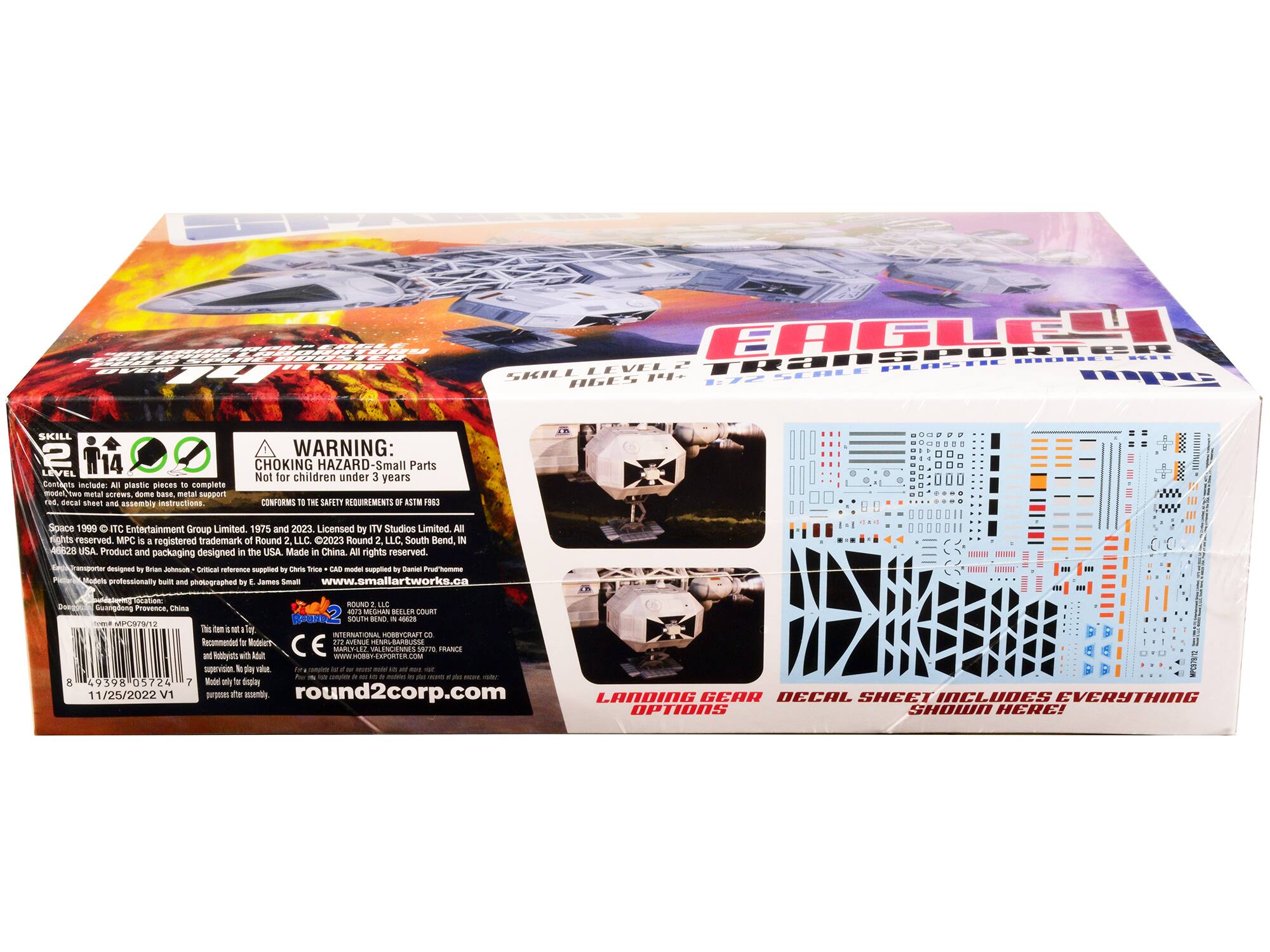 Sure, here is the corrected and grouped text from the image:

---

**EAGLE TIE ADVANCED**

**SKILL LEVEL 2**

**WARNING: CHOKING HAZARD - Small Parts Not for children under 3 years**

**Contents include:**
- All plastic pieces to complete
- Dome base
- Metal support
- Assembly instructions

**Space 1999 © ITC Entertainment Group Limited. 1975 and 2023 Licensed by ITV Studios Limited. All rights reserved. MPC is a registered trademark of Round 2, LLC. 2023 Round 2, LLC. South Bend, IN 46524 USA. Product and packaging designed in the USA. Made in China. All rights reserved.**

**Designed by Brian Johnson - Critical references supplied by Chris Tricarico - CAD model supplied by Daniel Pratt - Photographed by E. James Small - www.smallartworks.ca**

**This kit is for 1 figure. Recommended for ages 14 and up.**

**Model only for display. Not for use as a toy.**

**CONFORMS TO THE SAFETY REQUIREMENTS OF ASTM F963-16**

**CE**

**INTERN