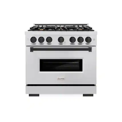 Front. ZLINE - ZLINE Autograph 36 in. Classic Satin Steel Gas Range w/ 6 Burners & Black Accents (CGRSZ-36-MB) - Stainless Steel.