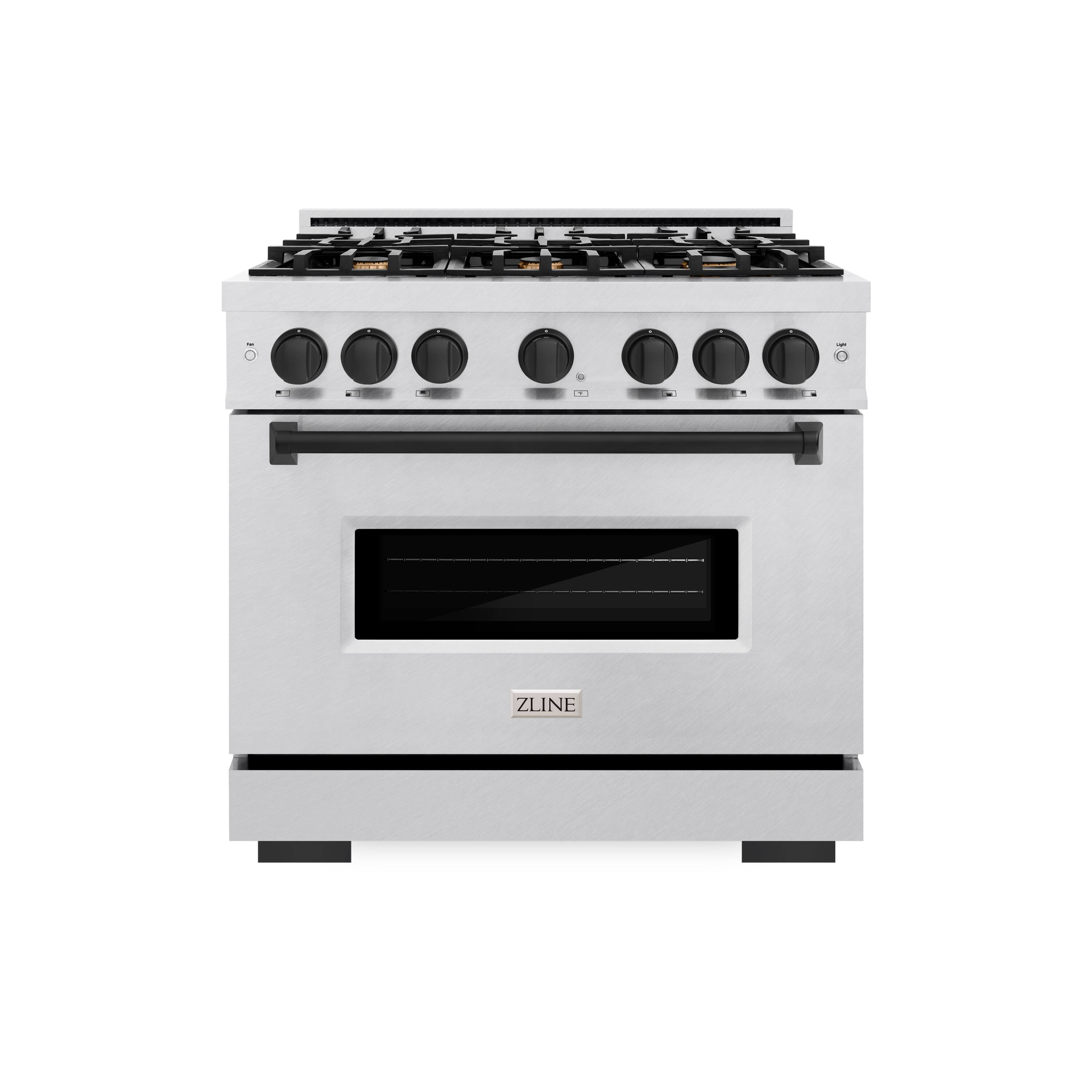 Front. ZLINE - ZLINE Autograph 36 in. Classic Satin Steel Gas Range w/ 6 Burners & Black Accents (CGRSZ-36-MB) - Stainless Steel.