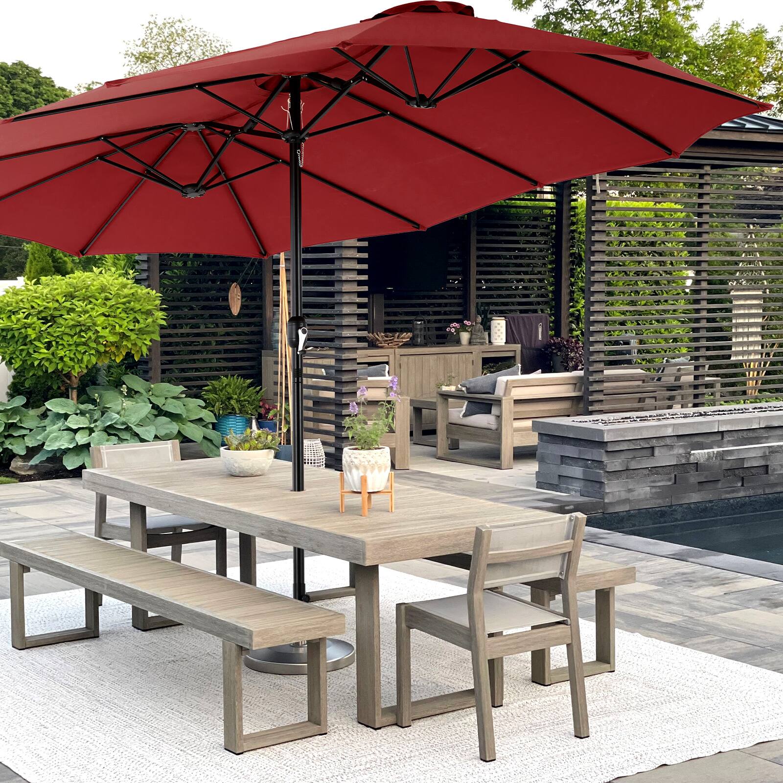 Left. AENKYO - 15ft Large Patio Umbrella Rectangle Table Umbrella Outdoor Patio, Outside Umbrellas for Backyard - Red.