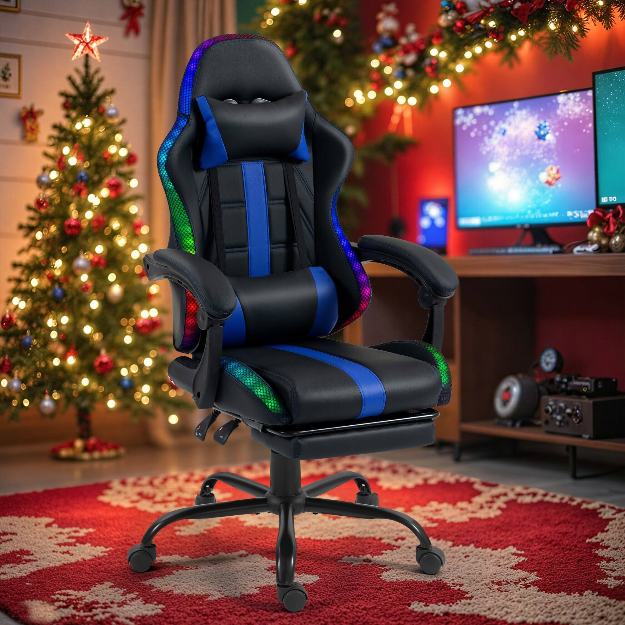 Alt View 5. U-HOMY - High-Back RGB LED Gaming Chair with Upgraded Lumbar Massager & Footrest, Ergonomic Reclining Computer Chair - Blue.