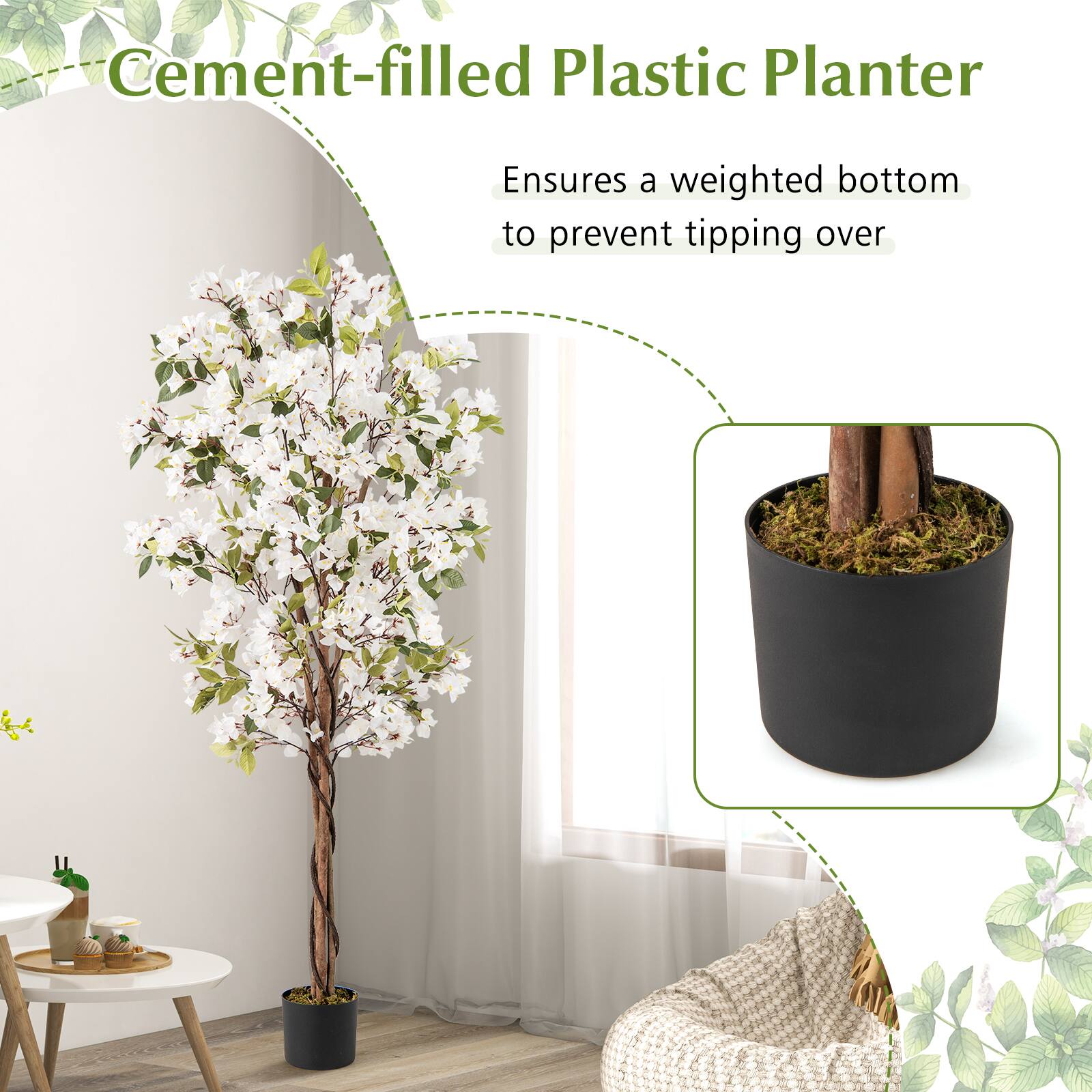 Cement-filled Plastic Planter  
Ensures a weighted bottom to prevent tipping over