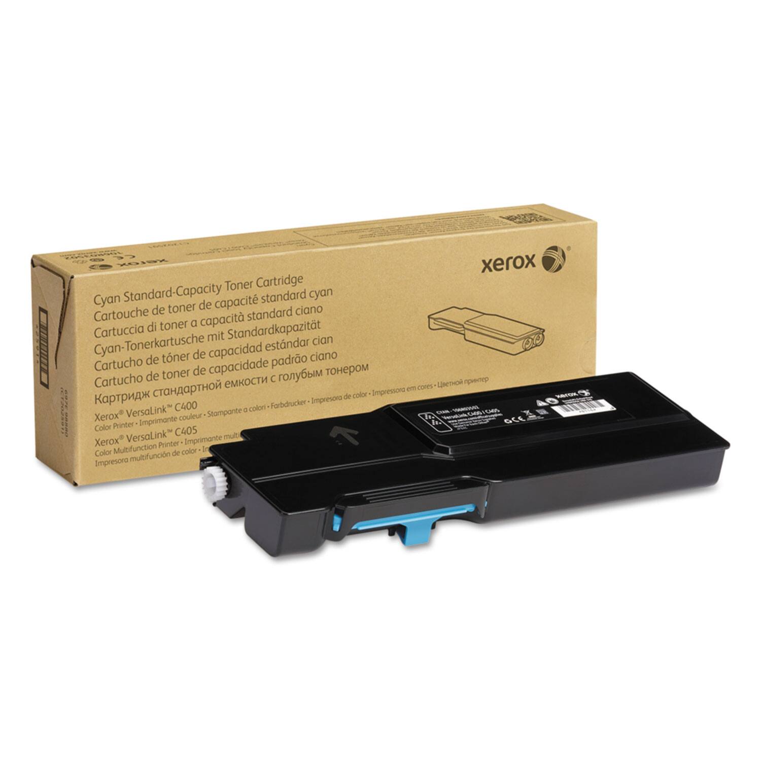 Cyan Standard-Capacity Toner Cartridge  
Cartouche de toner de capacité standard cyan  
Cartuccia di toner a capacità standard ciano  
Cyan-Tonerpatrone mit Standardkapazität  
Cartucho de tóner de capacidad estándar ciano  
Картридж тонера стандартной емкости с рювыйбом TOHEPROM  

Xerox® VersaLink C400  
Color Printer - Imprimante couleur - Stampa a colori - Impresora de color - Impresora de color  

Xerox® VersaLink C405  
Color Function Printer - Imprimante multifonction de couleur - Impresora multifunción de color - Impresora multifunción de color