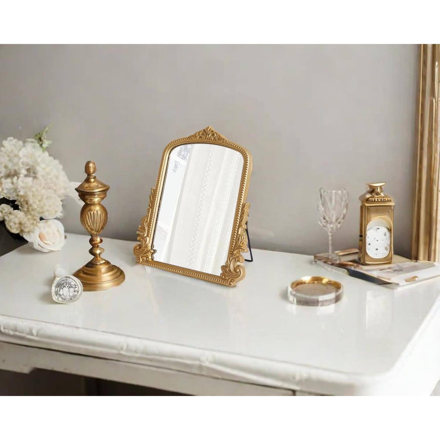 Alt View 3. Pacoar Cade - Champagne Vintage Baroque Vanity Mirror Small Arched Makeup Free Standing For Dresser Bedroom Living Room - Default.
