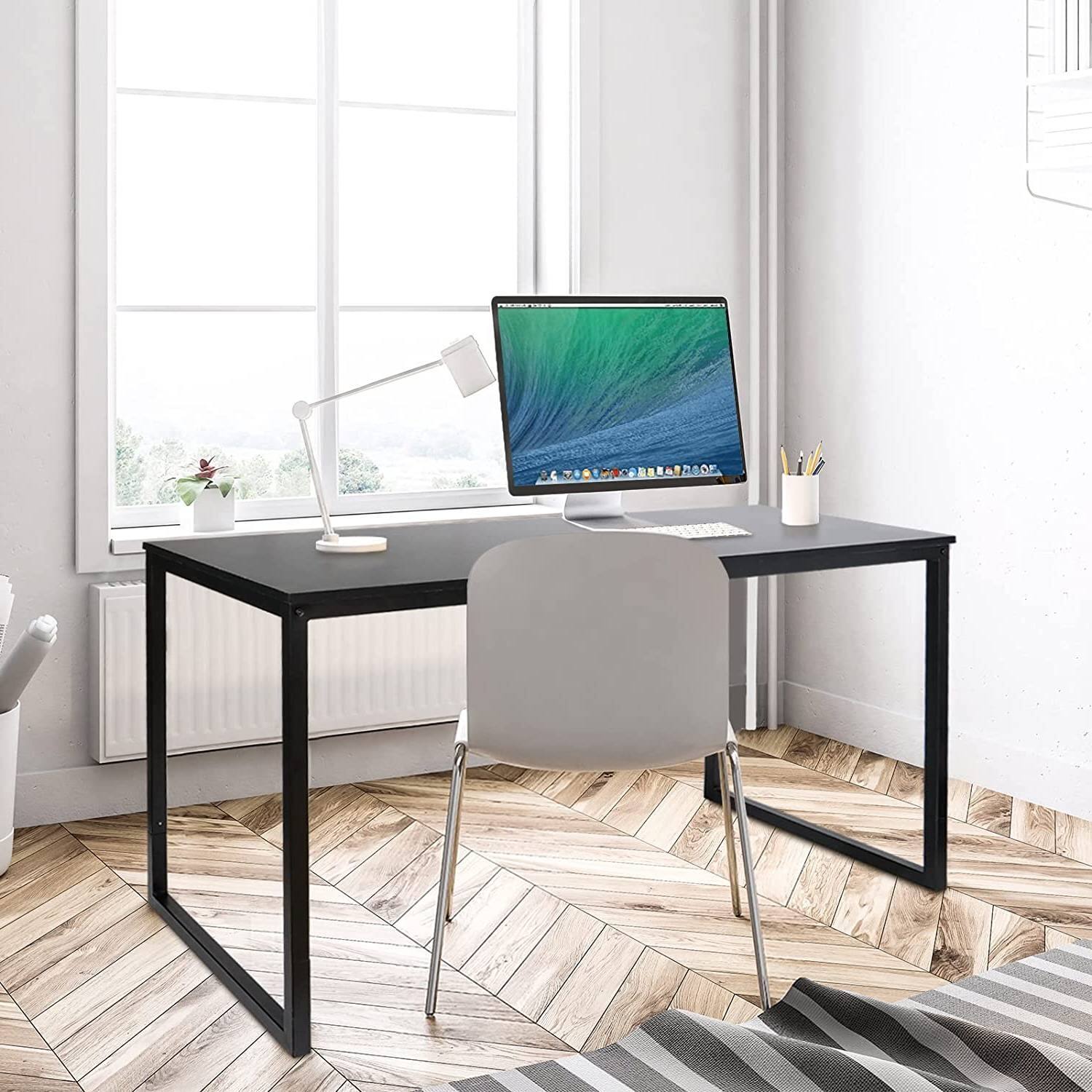 Front. Hivvago - Black Metal Frame Wood Top Modern Home Office Laptop Computer Desk Writing Table - Black.