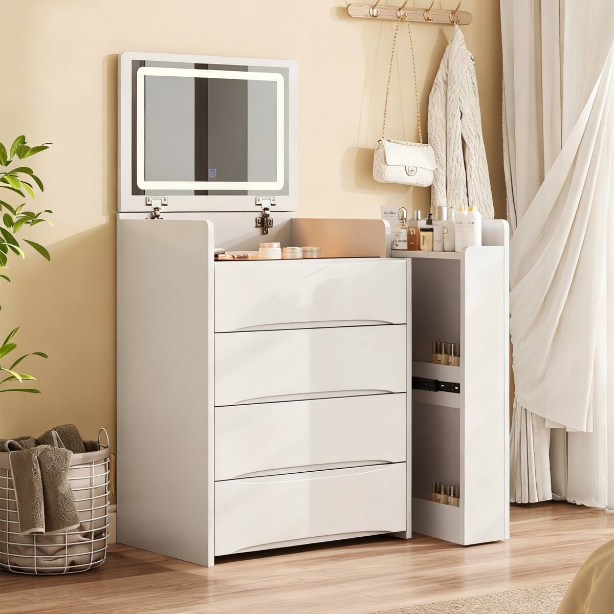 Alt View 7. Loheer - Loheer Makeup Vanity Desk with Adjustable LED Lights, White Flip Up Mirror and Stool - White.