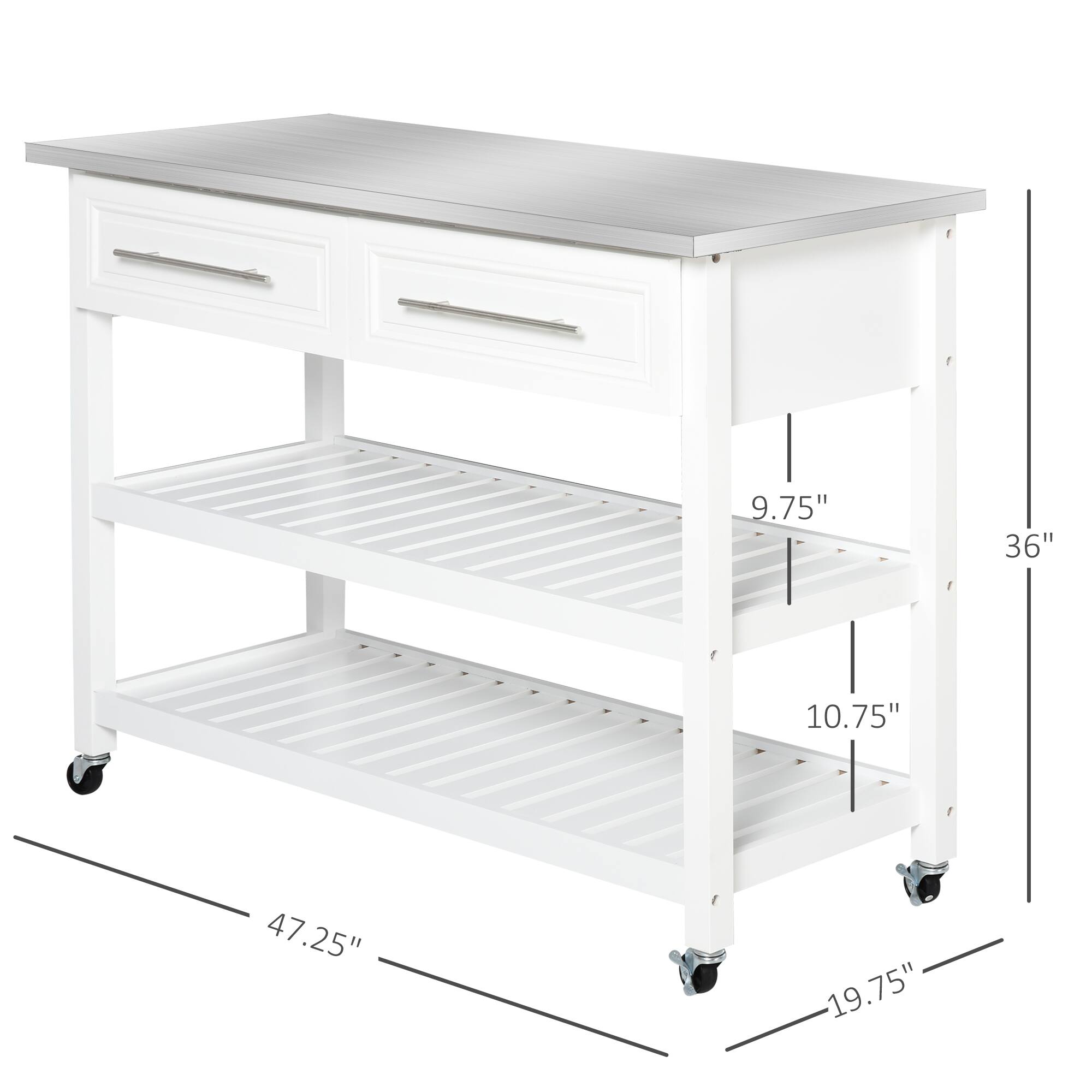 Width: 36"
Height: 19.75"
Depth: 47.25"
Shelf 1: 9.75"
Shelf 2: 10.75"