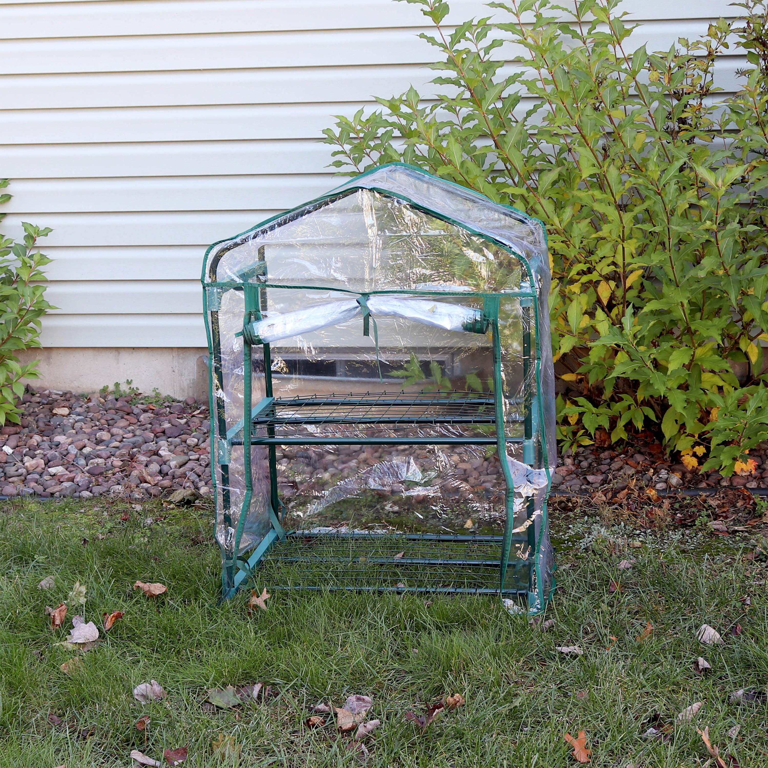 Alt View 3. Sunnydaze - 2-Tier Iron PVC Cover Mini Greenhouse and Roll-Up Zipper - Clear.
