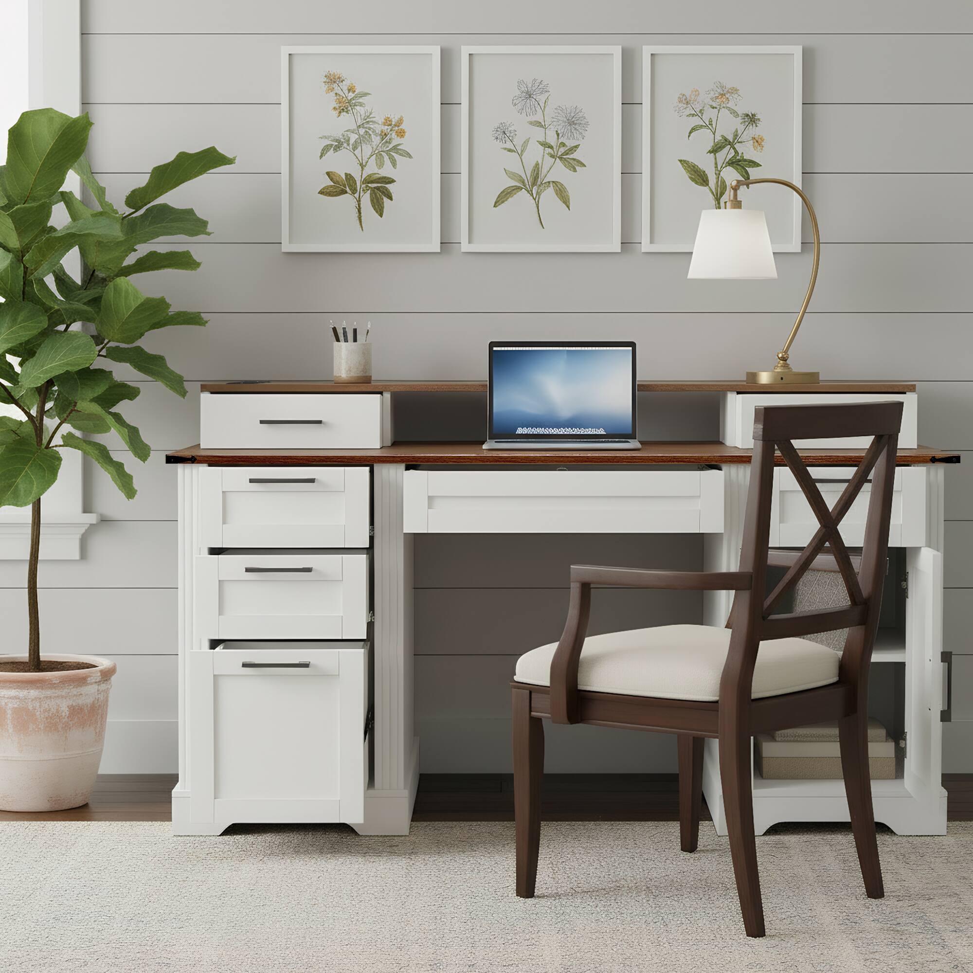 Alt View 1. TinyHomie - 59INCH Farmhouse Office Desk Charging Station Storage Cabinet Barn Door Design Study Desk File Drawer White - White.