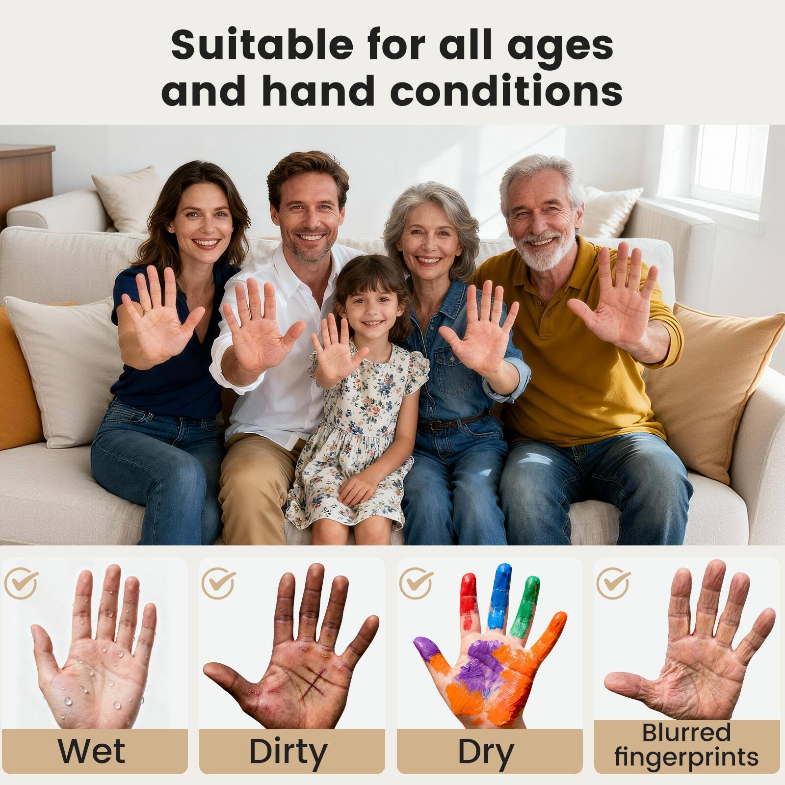 Suitable for all ages and hand conditions

- Wet
- Dirty
- Dry
- Blurred fingerprints