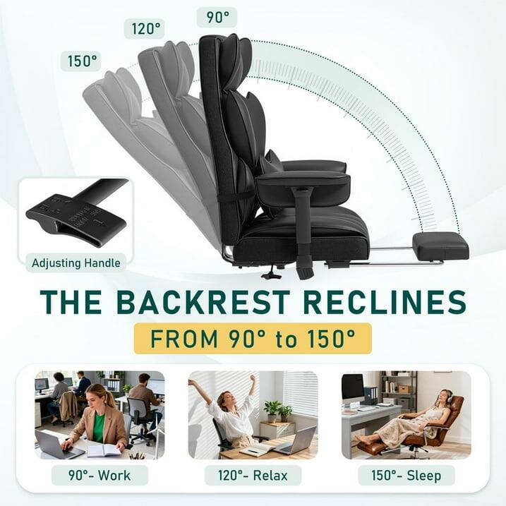 120
90
150
Adjusting Handle
THE BACKREST RECLINES FROM 90° to 150°
90°- Work
120°- Relax
150°- Sleep