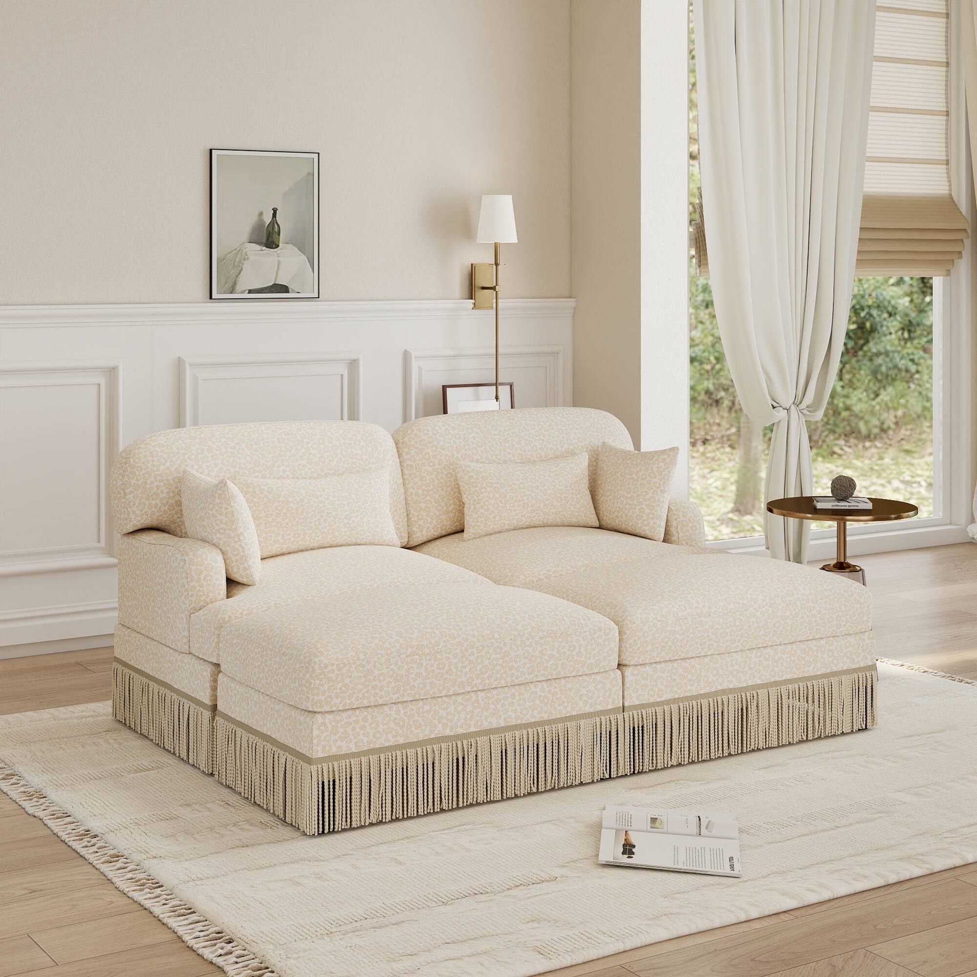 Angle. Anysun - Modular Comfy Leopard Printing Loveseat with Exquisite Tassel Trimmings and 2 Movable Ottomans - Beige.