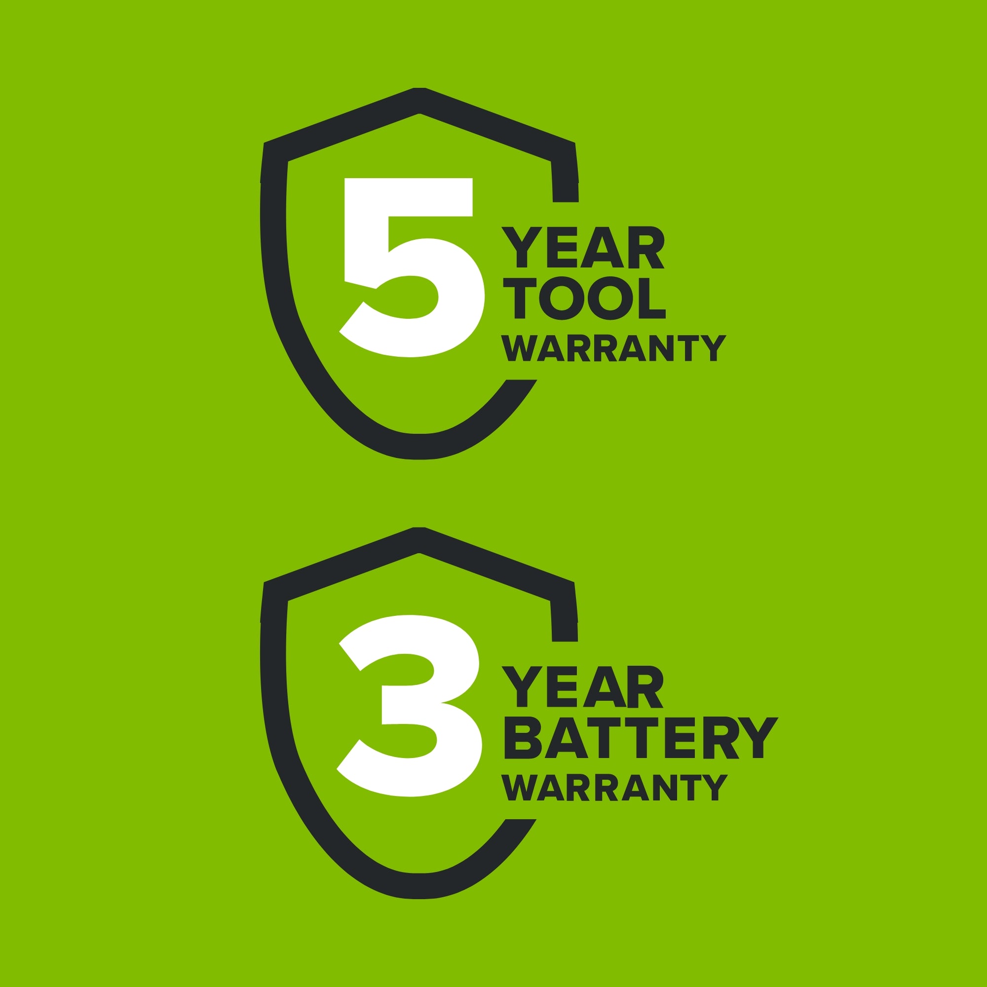 5 YEAR TOOL WARRANTY  
3 YEAR BATTERY WARRANTY