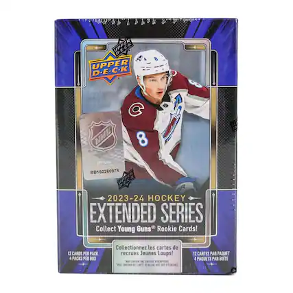 Sure, here is the corrected and grouped text from the image:
---
**UPPER DECK**
**2023-24 HOCKEY EXTENDED SERIES**
**Collect Young Guns® Rookie Cards!**
**12 CARDS PER PACK**
**4 PACKS PER BOX**
**Collectionnez les cartes de recrues Jeunes Loups!**
**12 CARTES PAR PAQUET**
**4 PAQUETS PAR BOTE**
**OFFICIAL LICENSED PRODUCT**
**BB160260978**
**MAI CONTAIN TM SENSITIVE REDIMPTIONS**
**PEST CONTENR**
**1 CARTES D BACHAT AIL DATE 'ECHANCE**
---
This text is organized to reflect the information on the packaging, including the product name, collection details, and licensing information.