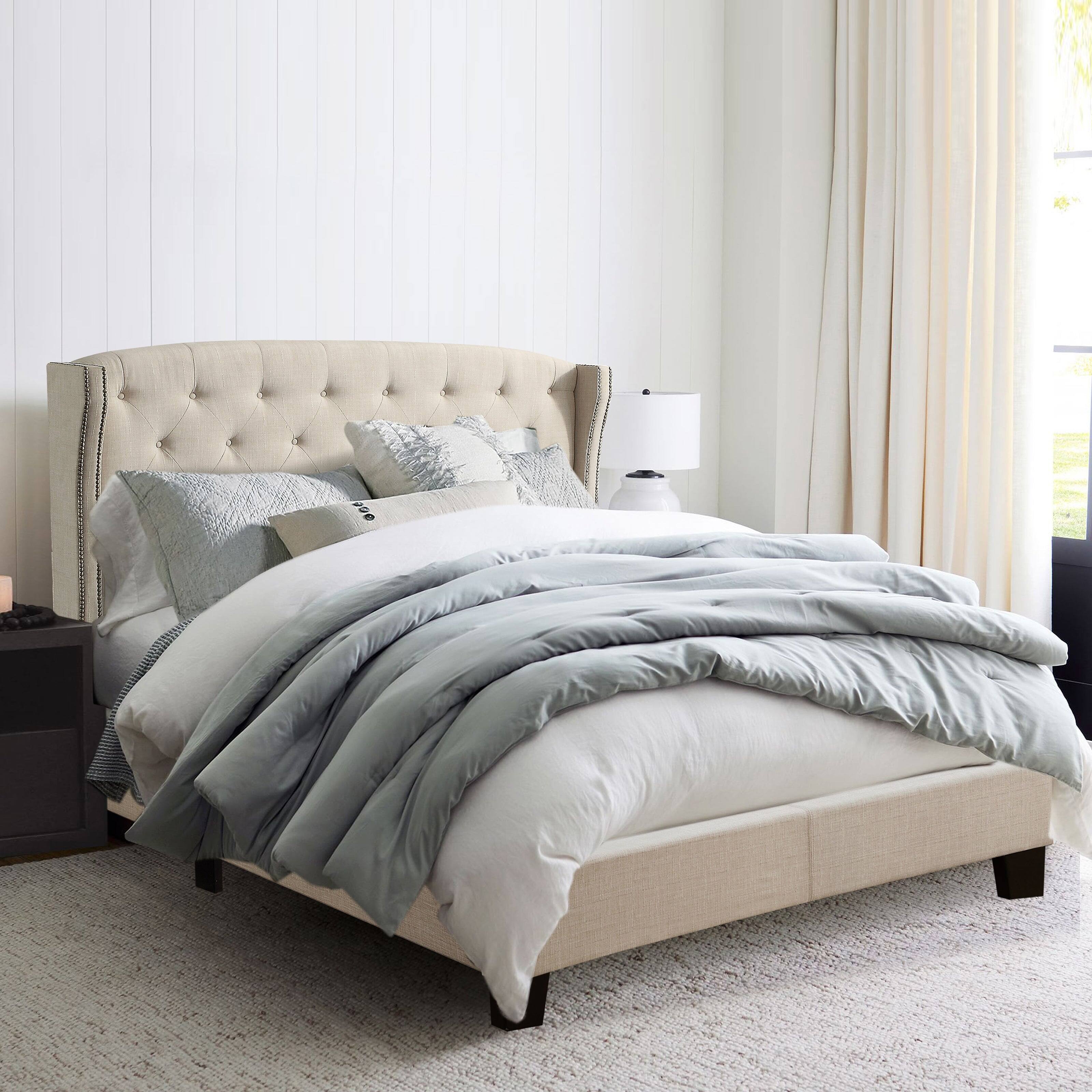 Alt View 6. Boyel Living - 68 in High Back Upholstered Bed Frame with Solid Wood Structure Soft Fabric Headboard in White - Off-white.