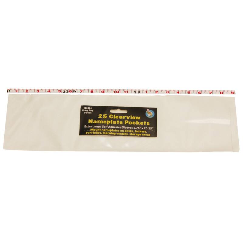 25 Clearview Nameplate Pockets  
Extra Large, Self Adhesive Sleeves 5.75" x 20.25"  
Mount nameplates on desks, lockers, portfolios, learning centers, storage areas