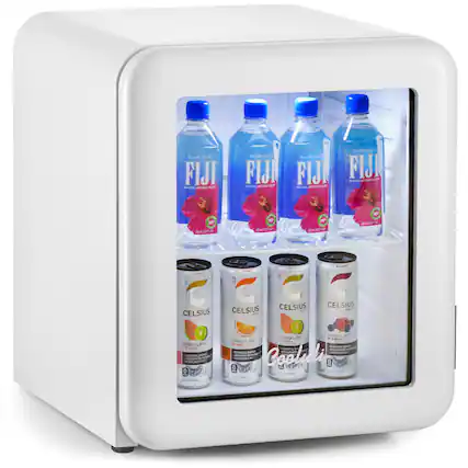 The image features a refrigerator with a variety of drinks inside. There are multiple bottles of Fiji water, as well as several cans of Celsius, a sports drink. The refrigerator is filled with these beverages, making it a convenient place to store and access them.
