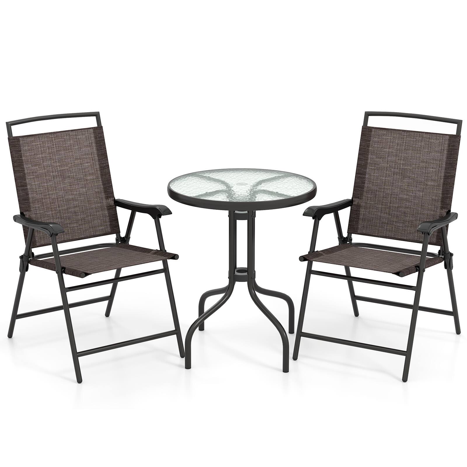 Alt View 9. Gymax - Gymax 3 PCS Outdoor Bistro Dining Furniture Set w/1.57'' Umbrella Hole Rippled - Brown+Black.