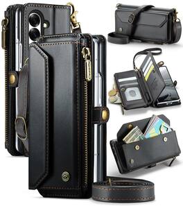 Dteck - Crossbody Wallet Case for Samsung Galaxy Z Fold7 with Card Slots and Zipper Pocket, RFID Blocking PU Leather Cover - Black