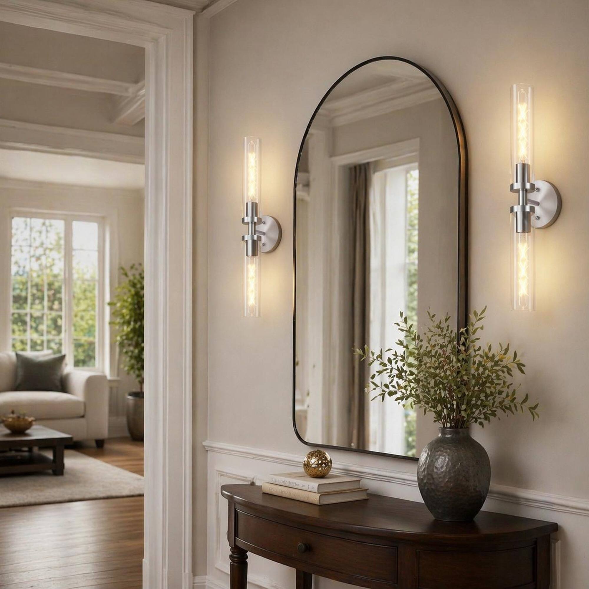 Left. RYHNUYNE - Brushed Nickel Wall Sconces 2-Pack with Clear Glass Shades for Bathroom Vanity, Hallway, and Bedroom Lighting.