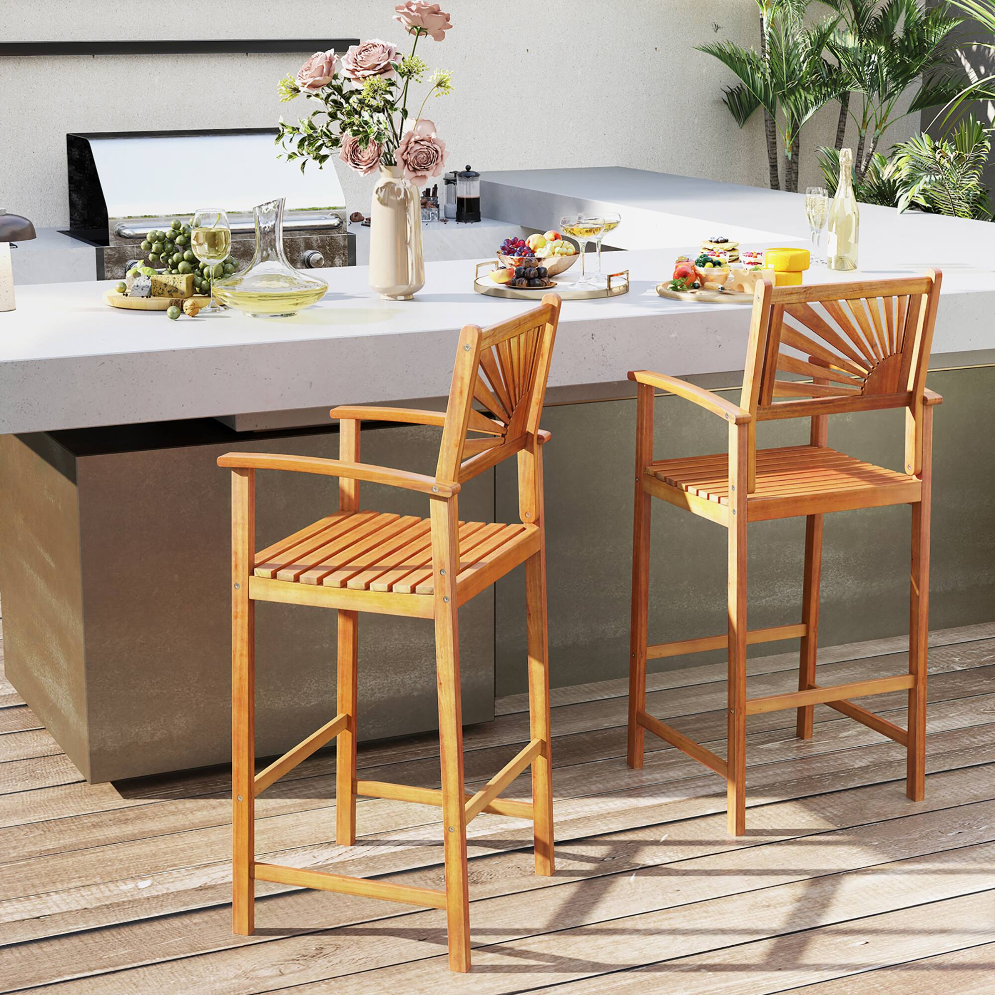 Alt View 4. Gymax - Gymax Set of 4 Outdoor Acacia Wood Bar Stools Bar Height Patio Chairs w/ Backrests - Natural.