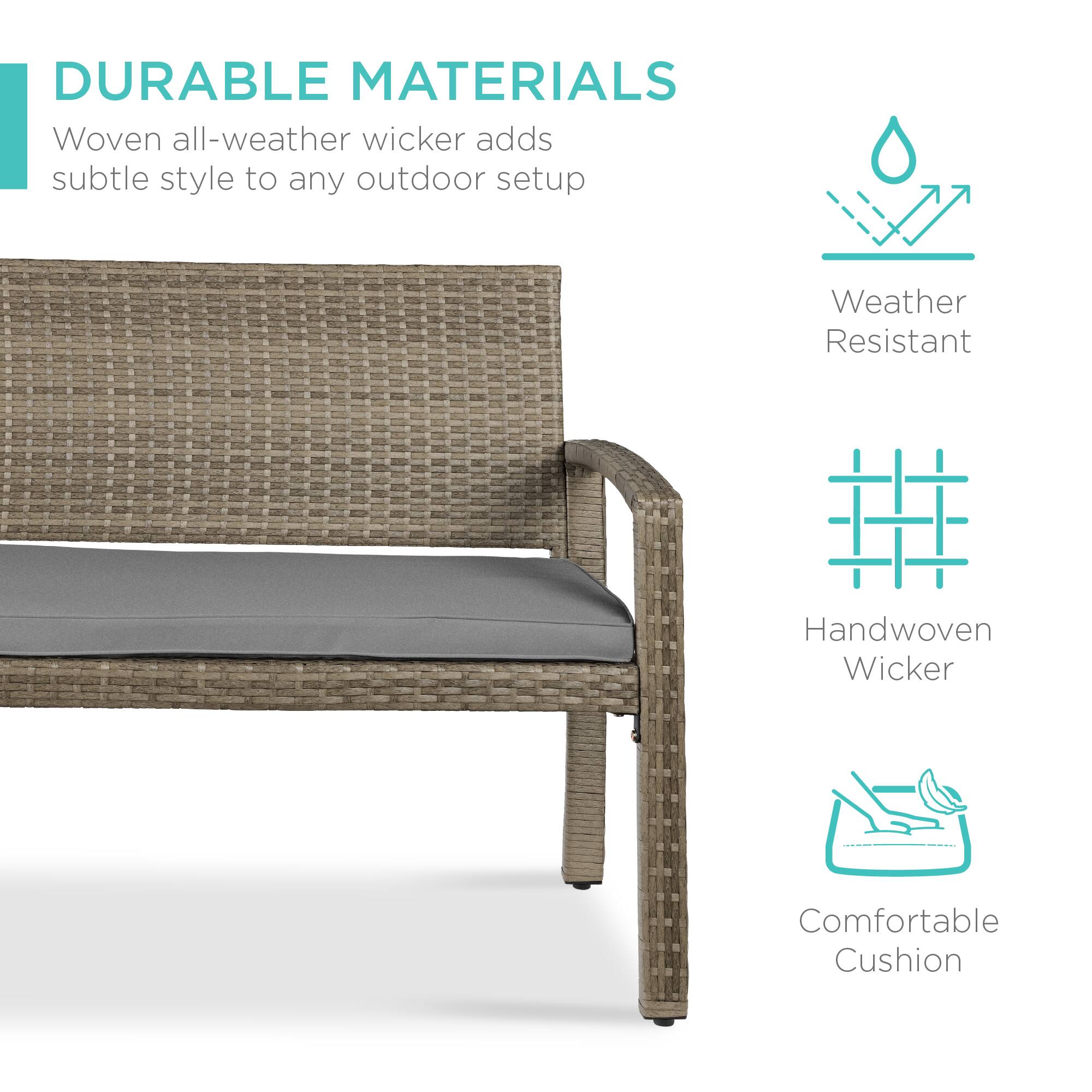 DURABLE MATERIALS  
Woven all-weather wicker adds subtle style to any outdoor setup  

Weather Resistant  
Handwoven Wicker  
Comfortable Cushion