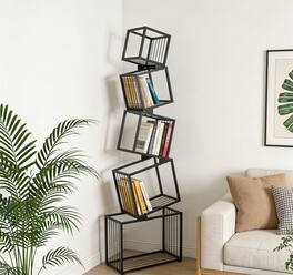 HTUTWOO - 5-Tier Metal Geometric Bookshelf - Modern Narrow Floor Bookcase, Space-Saving Corner Organizer for Living Room Bedroom - Black