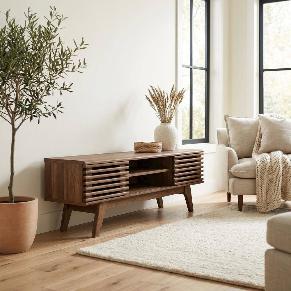 Left. FurniFact - Wooden brown media console, 46-inch top, sturdy legs, modern living spaces - Brown.