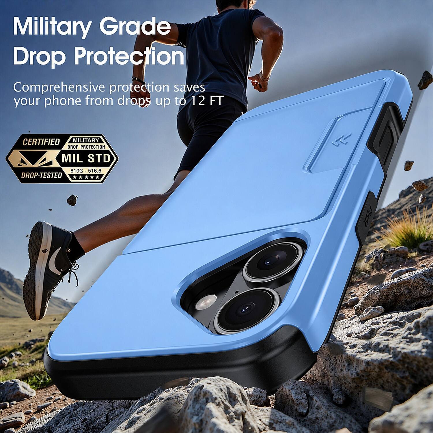 Military Grade Drop Protection  
Comprehensive protection saves your phone from drops up to 12 FT  

CERTIFIED MILITARY DROP PROTECTION  
MIL STD 810G - 516.6 DROP-TESTED